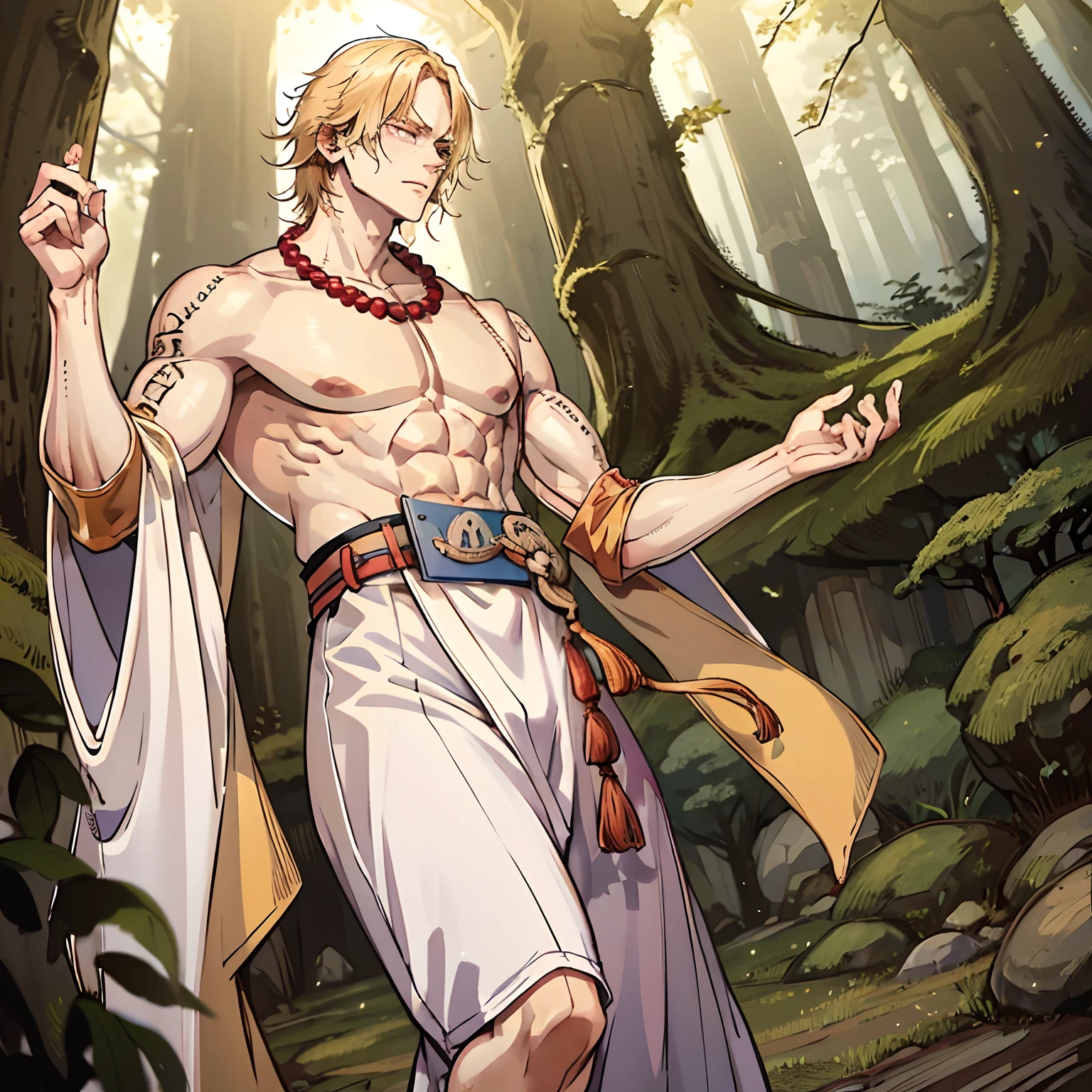 Tall strong man, tight muscles, muscular male, covered in scars, messy blonde hair, angelic, very pale white skin, radiating a beautiful golden glow, Fushigoro Toji, Toji Fushigoro, standing in a forest, shirtless, wearing a bead necklace, Ace, Portgas Ace, Portgas D. Ace, lean athletic build, strong, blonde hair, golden blonde hair, beautiful man, lean, Suguru Geto, Japanese attire, Japanese clothing, slim physique, muscular lean, athletic, blonde hair