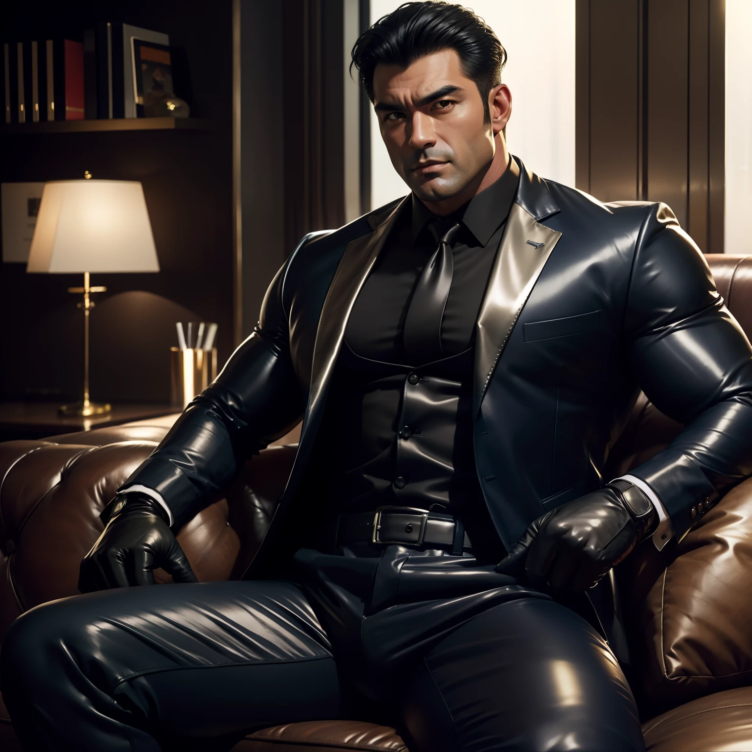 30 years old,daddy,"shiny suit ",Dad sat on sofa,k hd,in the office,"big muscle", gay ,black hair,asia face,masculine,strong man,the boss is,handsome,,leather gloves,lecherous dad,look straight ahead,dad is handsome,dad is handsome ,dad is "horny dad"