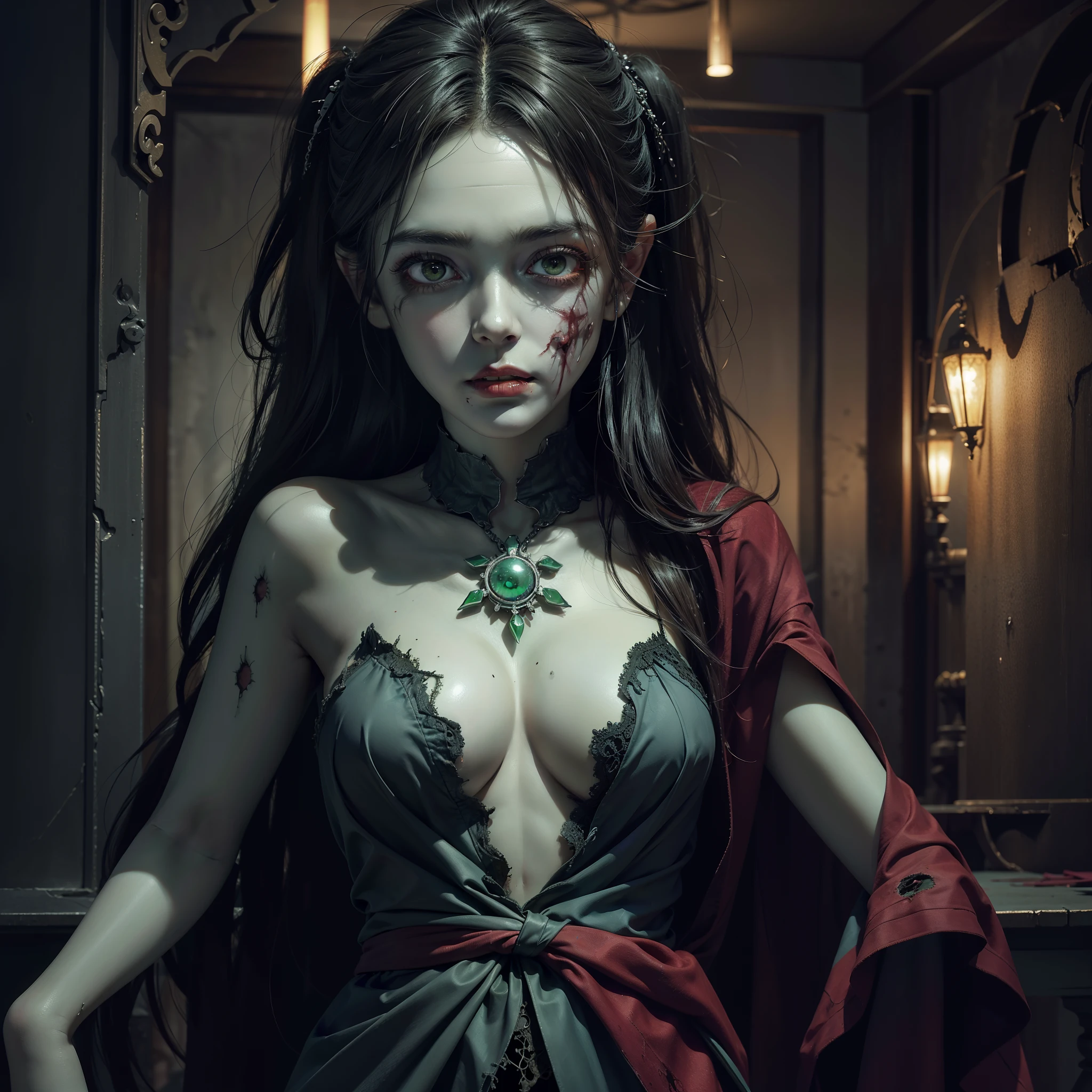 (8k wallpaper with extremely detailed CG unit, masterpiece, best quality, ultra-detailed), (best lighting, best shadow), (a perfect and symmetrical face of (((a beautiful zombie woman, decaying skin))), with green eyes that reflect the beauty of the world), sexy pose, full body, attractive, floating, high resolution, dynamic angle, dynamic pose, graveyard background, Dark night.