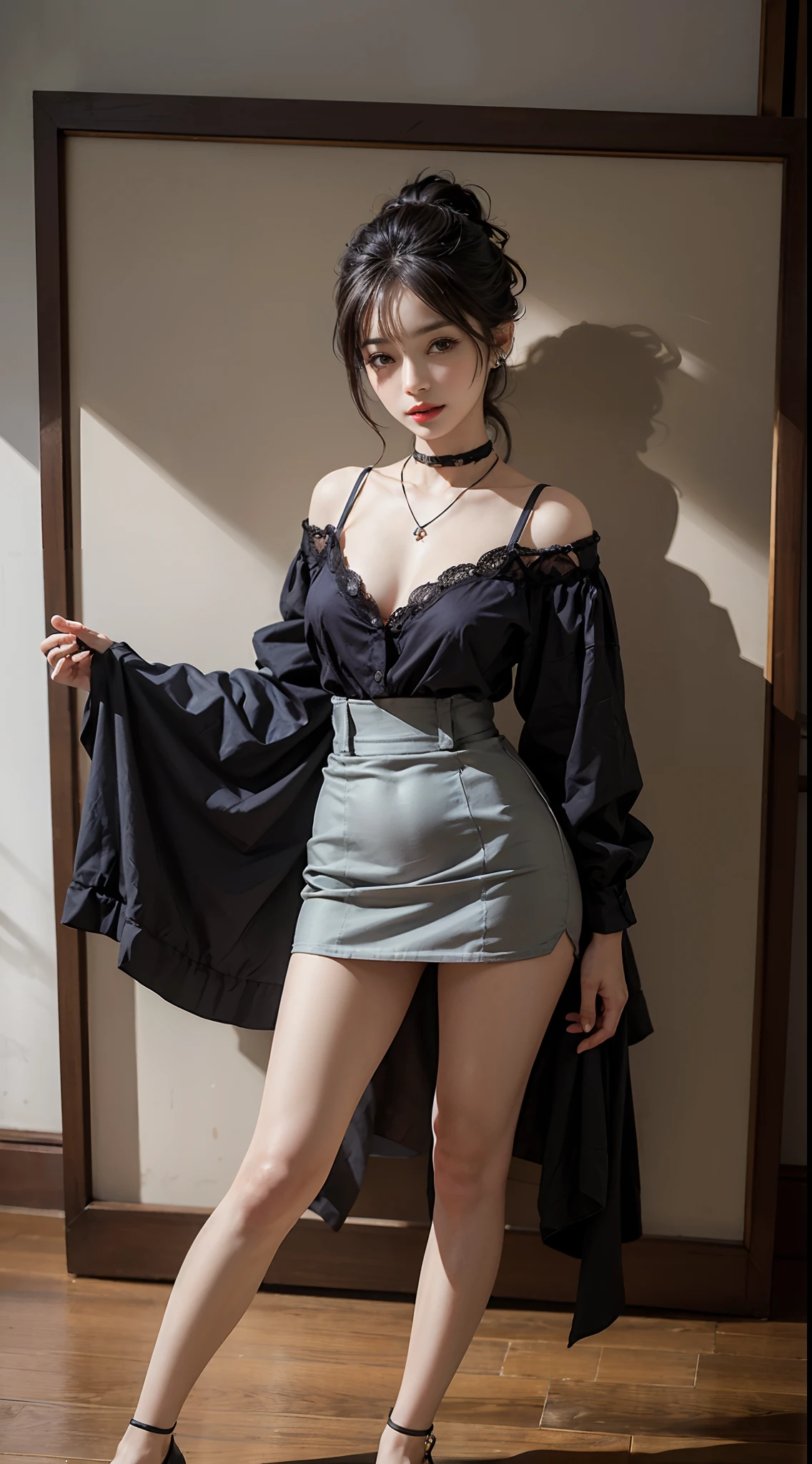 ((masterpiece:1.4)、(top-quality:1.4)、(reallistic:1.7))、masuter piece:1.4、Super realism of a beautiful girl、Kawaii Girl、Portrait photos、Close-up photos、Full body shooting、beautiful countenance、beautidful eyes、bright expression、Be curious、photographed_Norinobu Shinoyama、Bright studio shooting、Coco Chanel costumes、(High waist mini skirt:1.2)、(beauty legs:1.3)、Narrow waist、Beautiful udder、large full breasts:1.2、poneyTail、Raw photo、red-lips、hair adornments:1.2、a choker:1.4、a necklace:1.4、耳Nipple Ring:1.4、1 screen display、