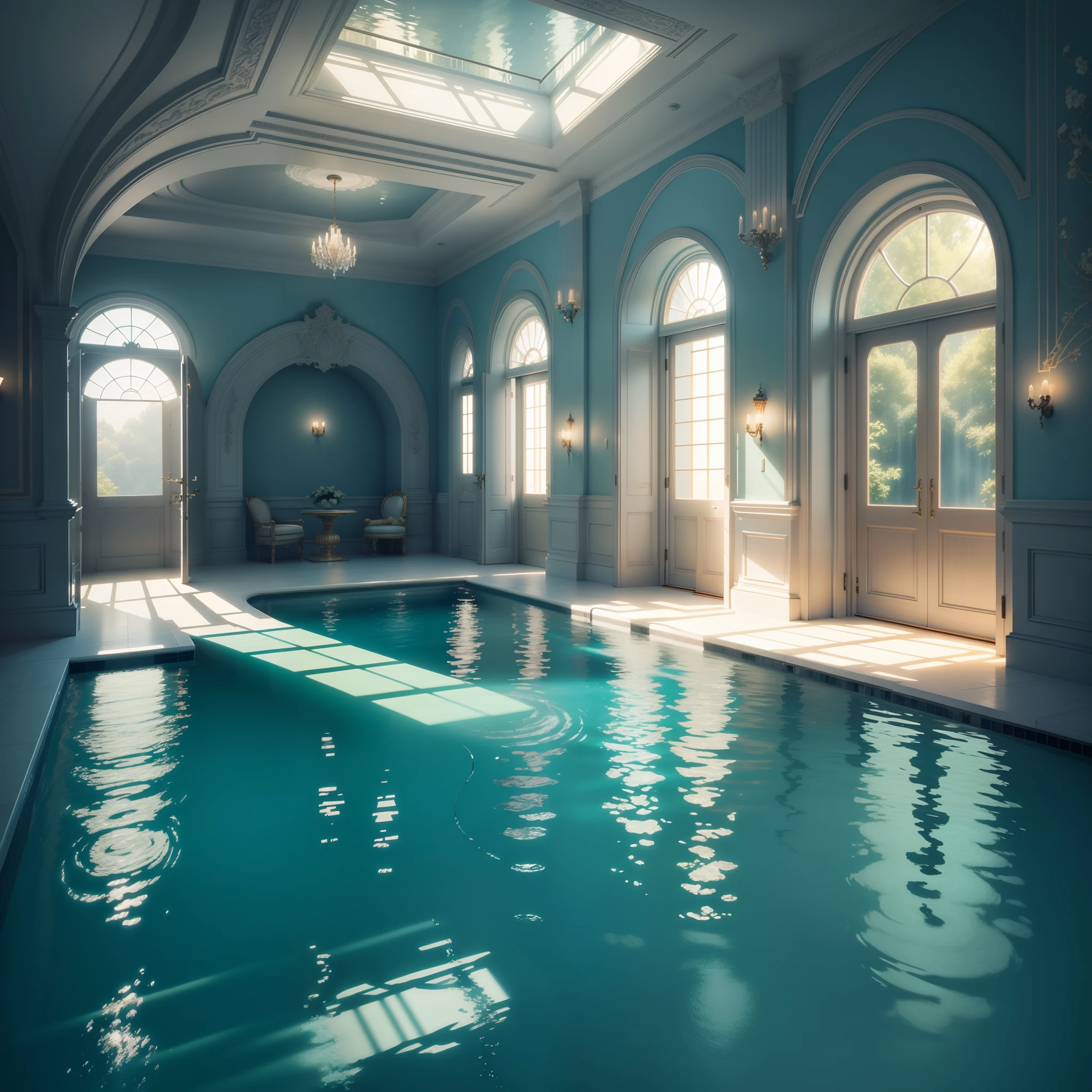 Pool backrooms, soft lighting, warm lighting, large windows, beautiful pool, tranquility, tranquility, bizarre shapes, pool of unusual shape, 8k, best quality, reality, ray tracing, best tracetrace rays, bloom, realistic