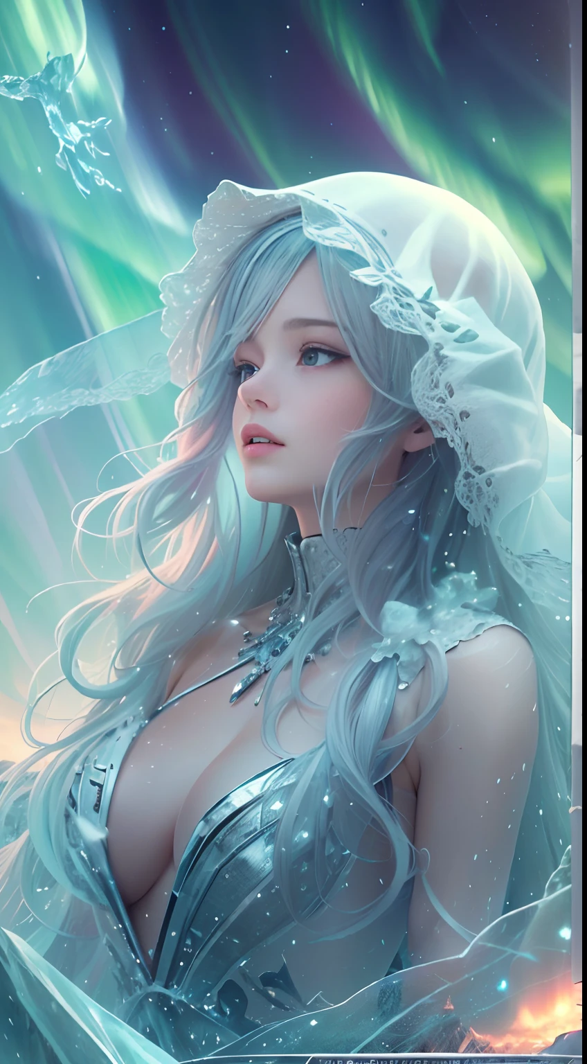 (((Masterpiece))),(((Best quality))),((Ultra-detailed)),((illustration)),extreme light，1girll，Stand under the iceberg，Admire the beautiful Northern Lights，[Hazy snow-capped mountain landscape in the distance：Translucent ethereal mechanical girl，snow mountains：0.33] Immerse yourself in the immense wind current，Living in wind and snow，Behind the aurora，（Doubleexposure：1.3），photography of：Brandon Woelfelmist，Surreal dreams，Gray atmosphere，Rainy days，dyna，lute，hdr