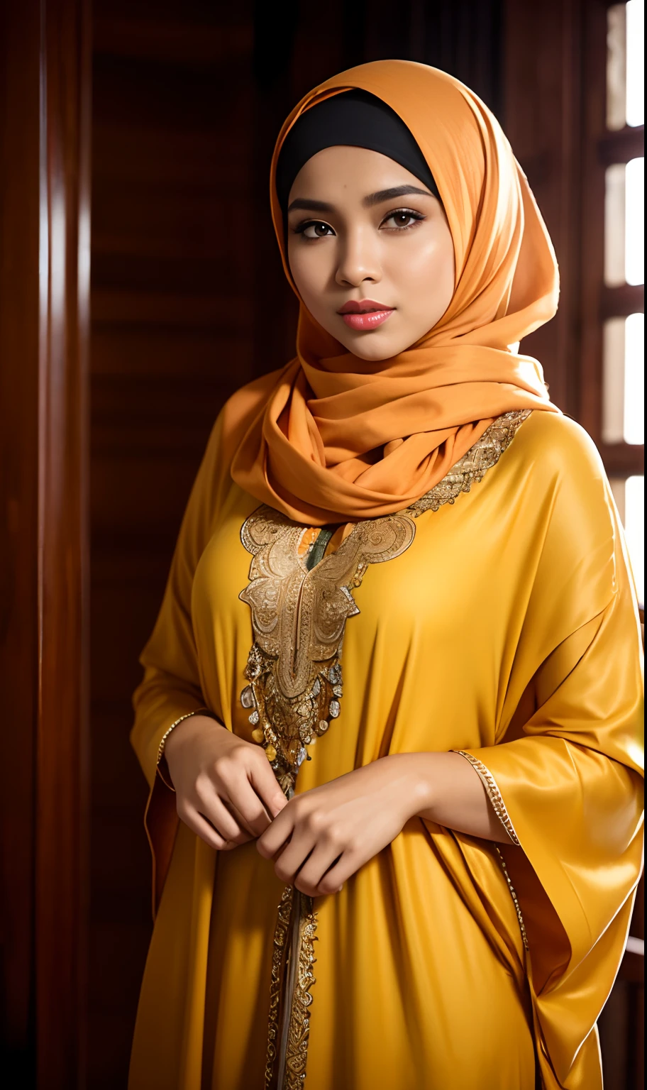Portrait photography of a beautiful young malay girl in hijab Wearing Moroccan Islamic Kaftan Outfit Half Orange Half Yellow , big breast, catwalk, morningtime,surrounded by a comfortable, cool atmosphere, looking at the viewer. (Skin details:1.3), hairy hands, Hijab, slim, red lips, seductive with bokeh camera background