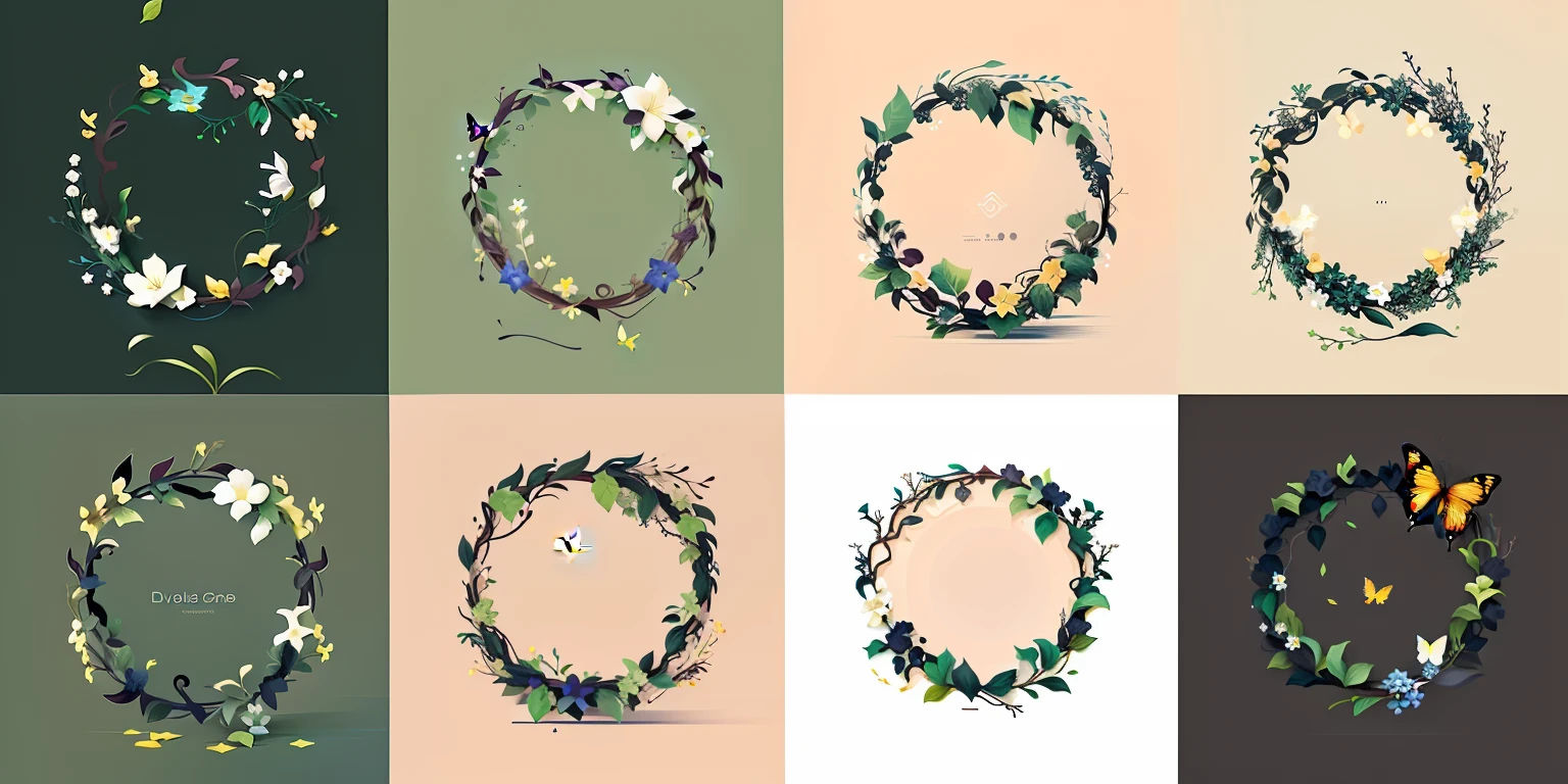 UI interface frame design, simple background, circular shape, leaves, branches, vines, flowers, small butterfly, particle effect, delicate