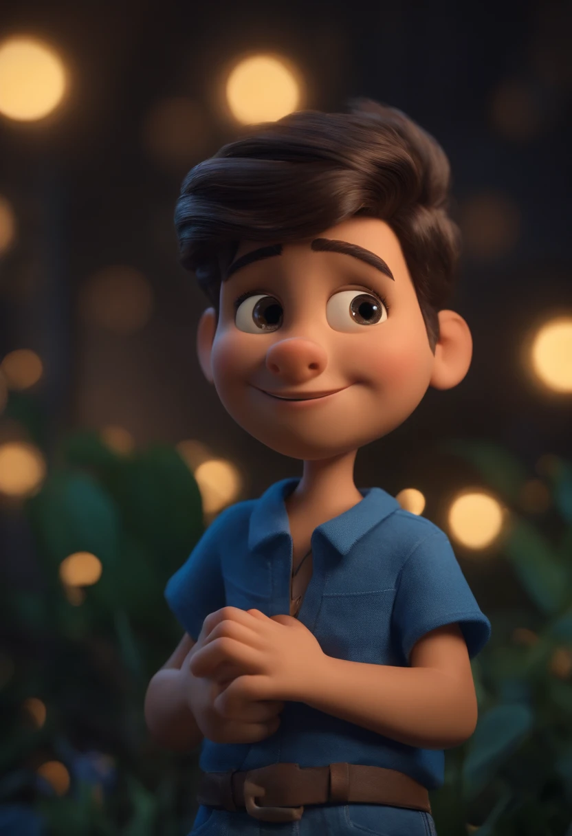 Garoto, estilo disney, tom de pele: claro:  Cabelo: marrom escuro, liso, curto, penteado para o lado direito. camisa: social, Cor azul. Fundo: Gray and white gradient,Comemorando, Hands raised, sorrindo, feliz, (estilo pixar) (obra-prima:1.2) (bokeh) (melhor qualidade) (pele detalhada) (textura detalhada) (8k) (claymation) (cinematic lighthing) (foco nítido