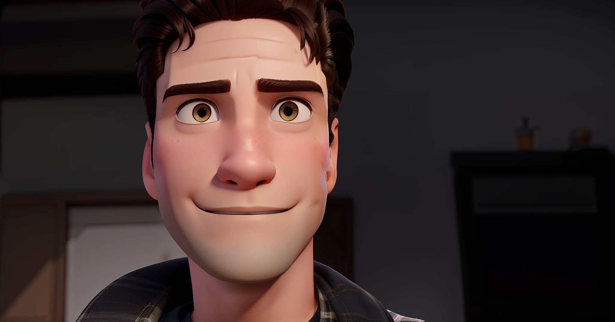 Crie uma imagem no estilo "Disney Pixar". The main character is a handsome young 24-year-old male, rosto para frente, de pele branca, olhos castanhos, cabelos castanhos, Possesses a shy smile, olhando para a direita, Shaved hair on the sides and medium hair on the top of the head.