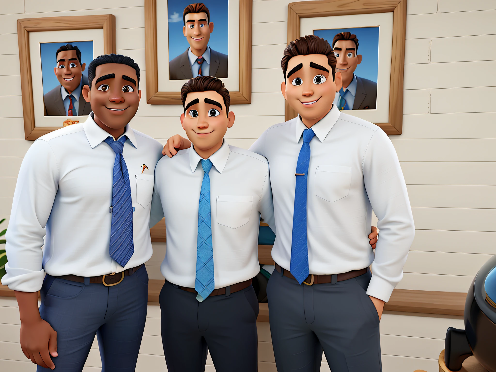 Three Men in Disney Pixar Style, um dos homens de cor de pele morena, alta qualidade, melhor qualidade