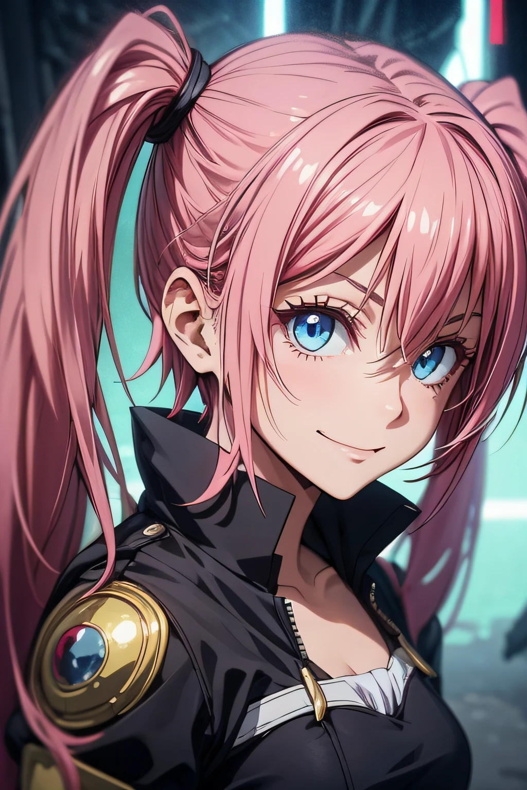 Milim Nava de tensei shitara slime datta ken, pink hair, long hair, twintails, eye reflection, glowing eyes, evil smile, chiaroscuro, cinematic lighting, jpeg artifacts, ray tracing, drop shadow, anime, Minimalism, Sony FE, high detail, anime style, raised fist, En plein air, reflection light, image fill, panorama, masterpiece, UHD, super detail, high quality, 16k, highres, anatomically correct, ccurate, textured skin, high details,