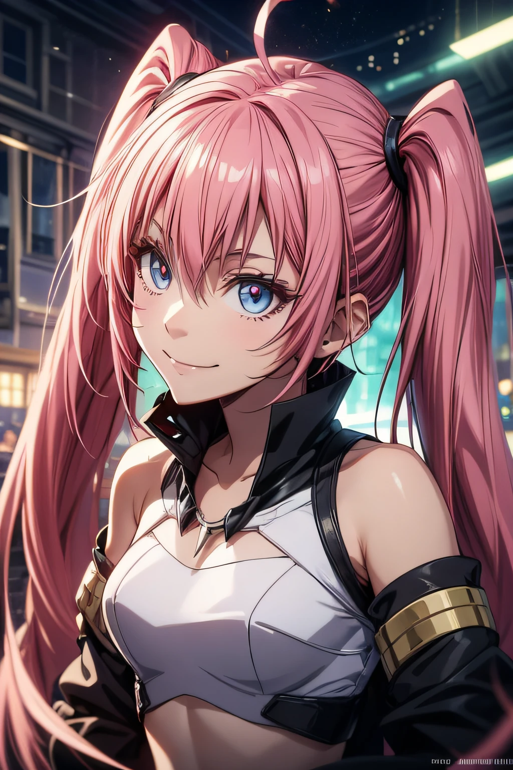 Milim Nava de tensei shitara slime datta ken, pink hair, long hair, twintails, eye reflection, glowing eyes, evil smile, chiaroscuro, cinematic lighting, jpeg artifacts, ray tracing, drop shadow, anime, Minimalism, Sony FE, high detail, anime style, raised fist, En plein air, reflection light, image fill, panorama, masterpiece, UHD, super detail, high quality, 16k, highres, anatomically correct, ccurate, textured skin, high details,