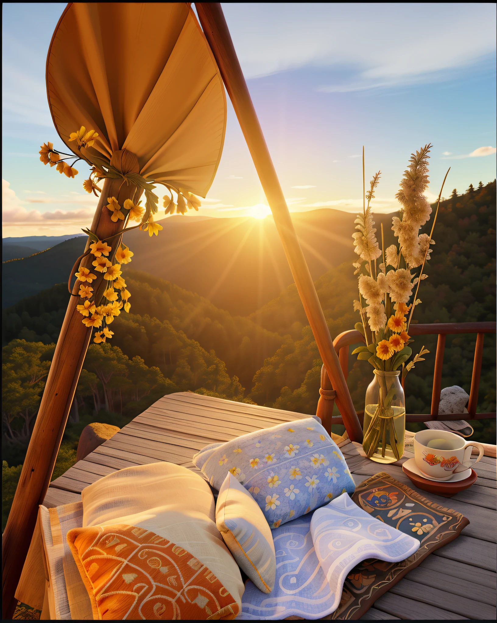 crie um cartaz estilo filme disney com uma paisagem de montanhas ao fundo e um por do sol nascendo ao fundo. Em primeiro plano, The setting should be a deck with cushions and flowers.angulo decorativo