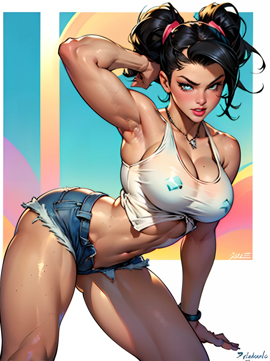 (high quality, best rendering), (beautiful girl), Blue Eyes, black hair(bombshell, pin-up style), psychopath, crazy face,  pose, jean short shorts, tank top, pastel, centered, scale to fit dimensions, micro , micro , 