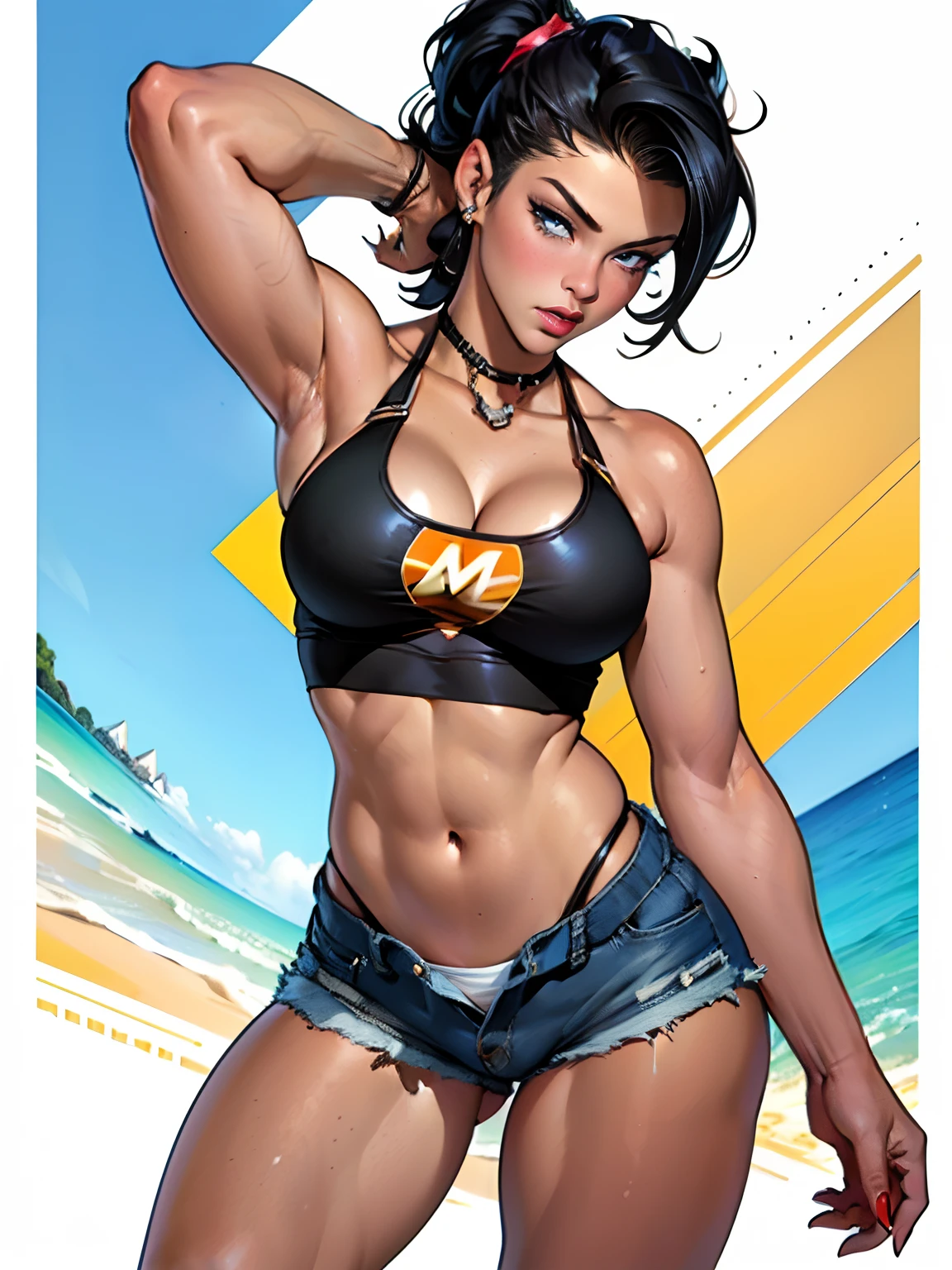 (high quality, best rendering), (beautiful girl), Blue Eyes, black hair(bombshell, pin-up style), psychopath, crazy face, sexy pose, jean short shorts, tank top, pastel, centered, scale to fit dimensions, micro thong, micro bikini, camel toe