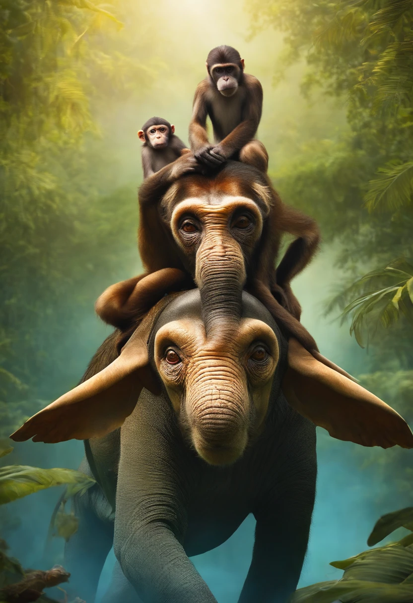 a monkey that's on the back of a turtle that's on the back of a cow that's on the head of an elephant