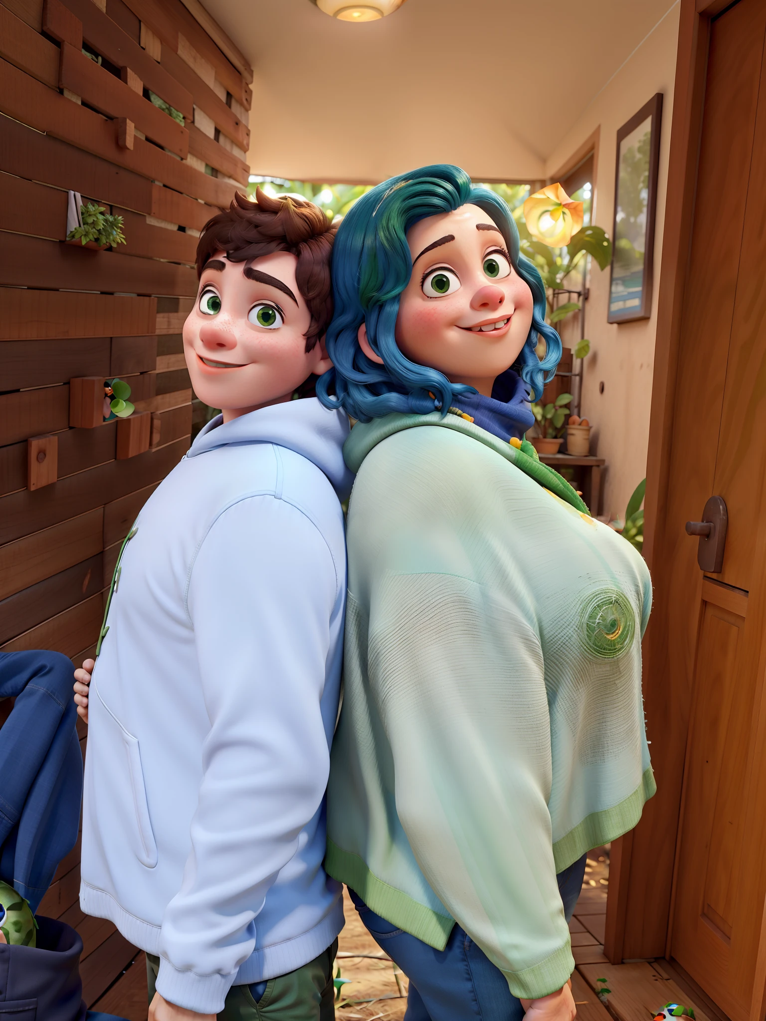 Mae e filho em uma floresta toda verde e o sol do entardecer, estilo pixar