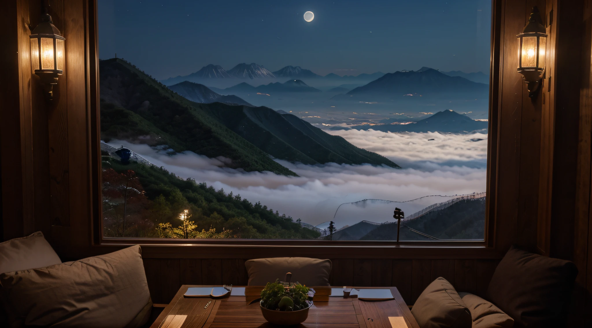 View from mountain valley in Korea, night, bright moonlight, fog
A table where you can sit and meditate