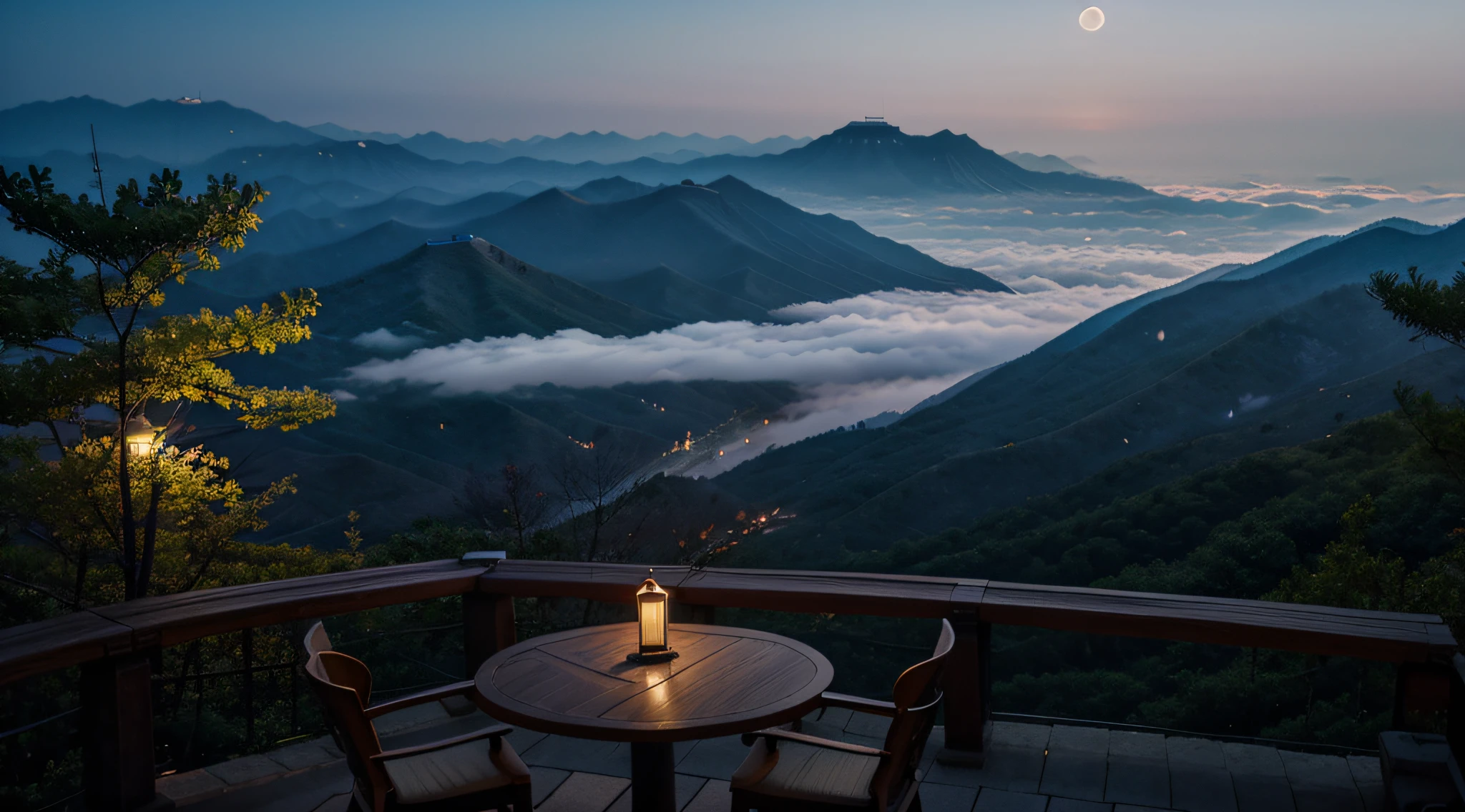 View from mountain valley in Korea, night, bright moonlight, fog
A table where you can sit and meditate