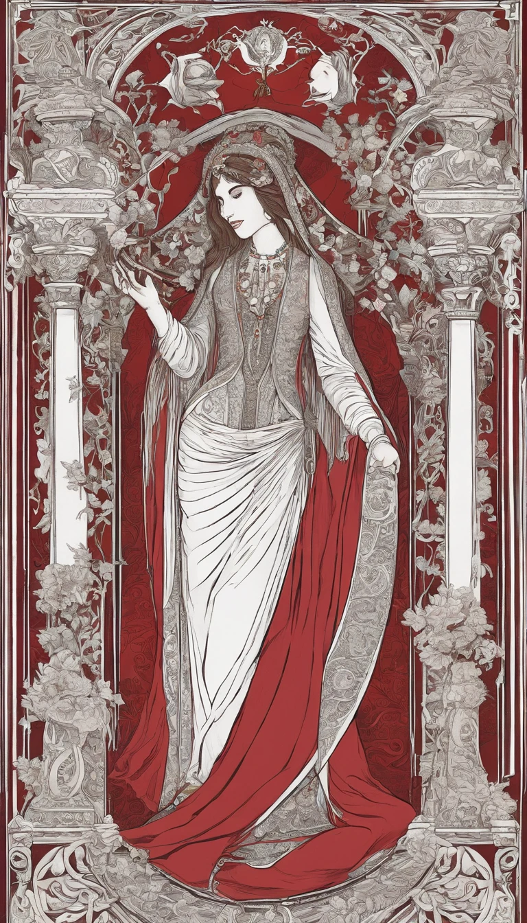 A vampire sits in front of a thin veil, decorated with pomegranates. On either side of the High Priestess are two pillars, Marking the entrance to this sacred, Mystic Temple. white pillars. The High Priestess is dressed in a red robe with a cross on her chest and a horned diadem, On her lap, In her hands, she holds a scroll with the letters of the Torah, It is partially covered. At her feet is the crescent moon, Highly detailed