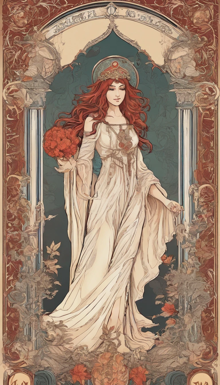 A vampire sits in front of a thin veil, decorated with pomegranates. On either side of the High Priestess are two pillars, Marking the entrance to this sacred, Mystic Temple. white pillars. The High Priestess is dressed in a red robe with a cross on her chest and a horned diadem, On her lap, In her hands, she holds a scroll with the letters of the Torah, It is partially covered. At her feet is the crescent moon, Highly detailed