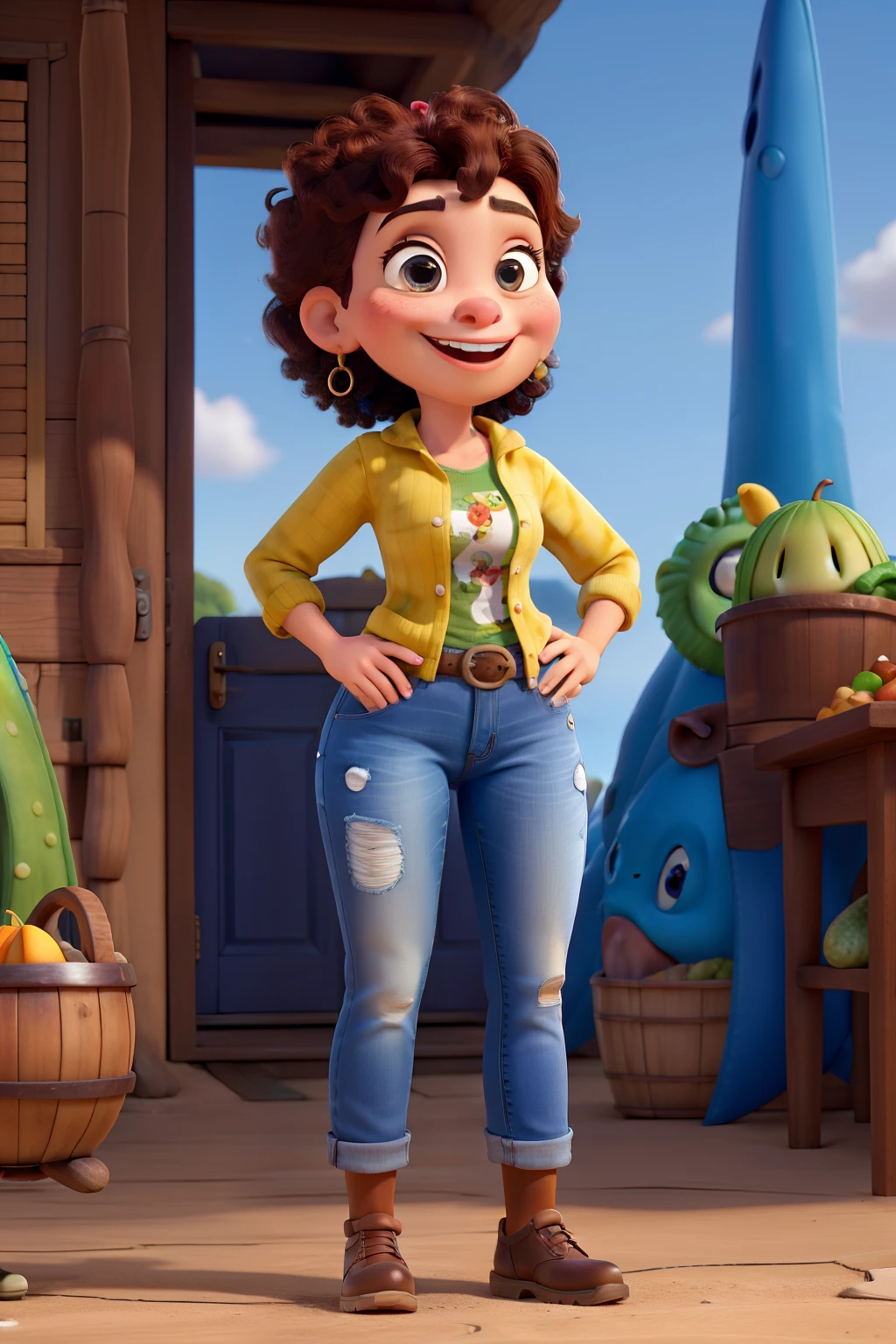 Disney pixar mulher no estilo brincalhao e sorridente  latina com grandes olhos castanhos e cabelo castanhos lisos usando uma dolma uniforme de gastronomia  estampado e calca jeans trabalhando entrevfrutas e verduras animados alem de panelas magicas