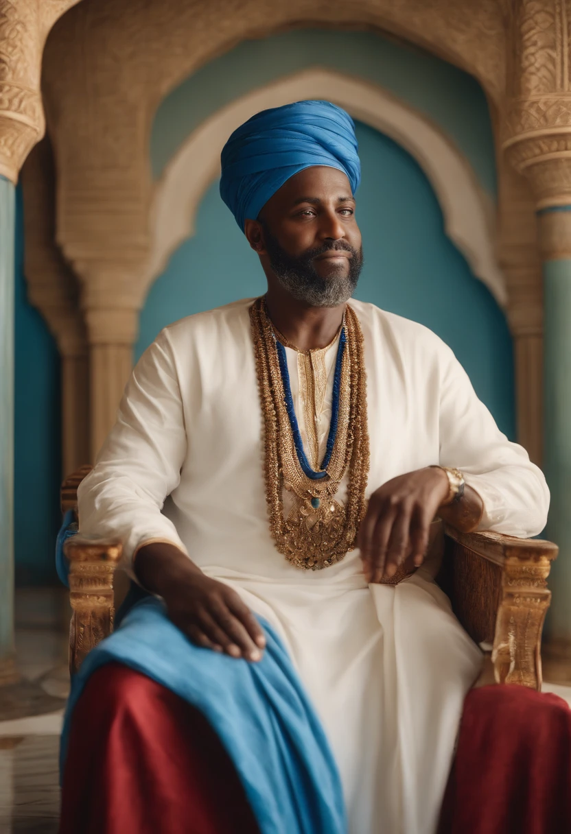 A realistic scene of an elderly, overweight, Black man seated on an Arabian throne. He has a white beard and is adorned with a large, blue turban matching his oversized blue tunic, which drapes over a red shirt visible at the chest. Surrounding him, there's an open-air corridor with elegant columns, with a wall behind him. Several people on both sides are holding coconut palm leaves to fan him, and he's waving with his right hand while wearing a warm smile.