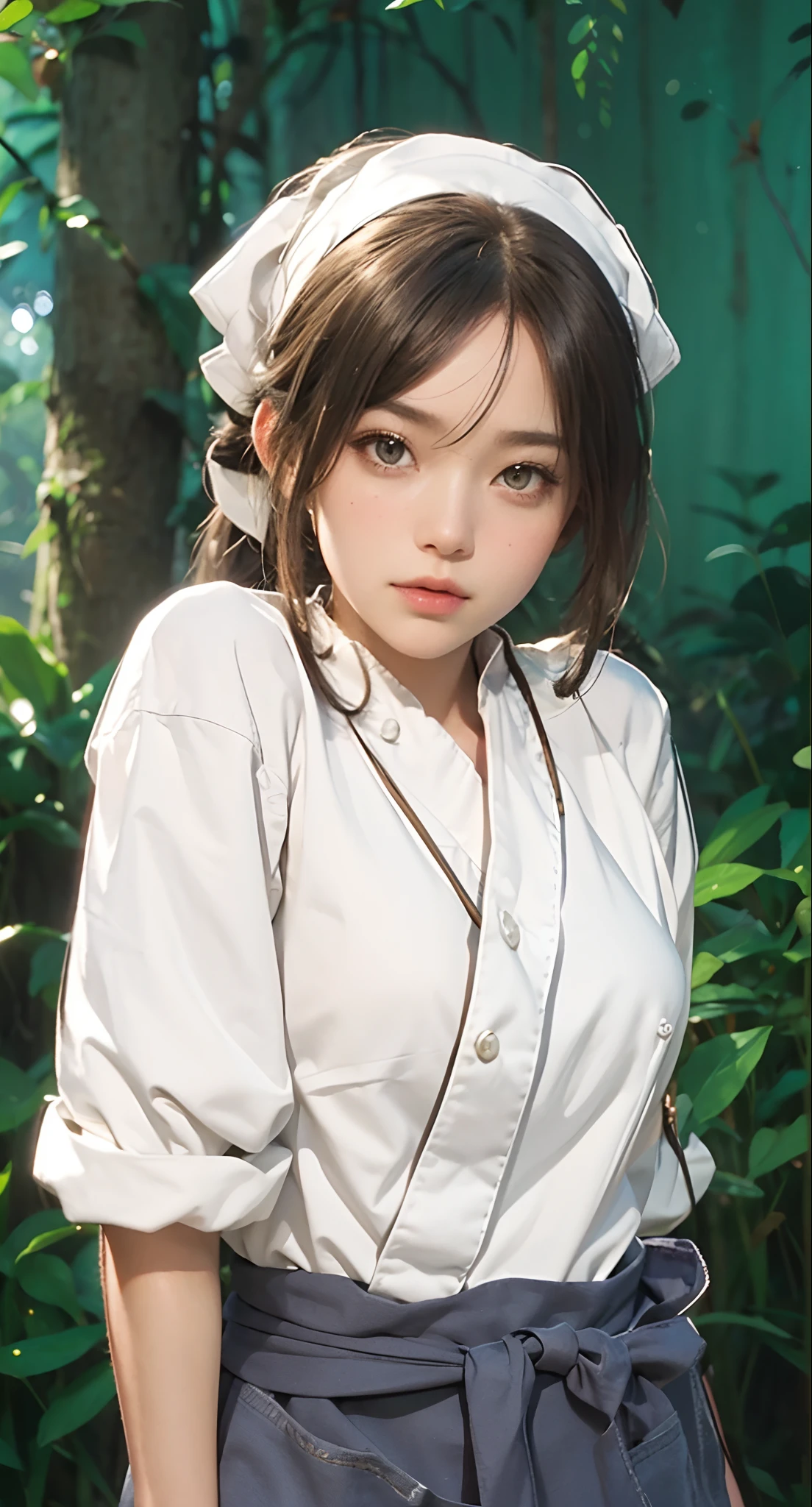Real life adaption of this character, beauty face,looking to viewer,realistic same hair ,realistic jungle with many grass background, hyper realistic, realistic light, realistic shadow, realism,(photorealistic:1.2), (realistic same outfit White female chef outfit ),Wearing an apron and a ribbon tied around her waist