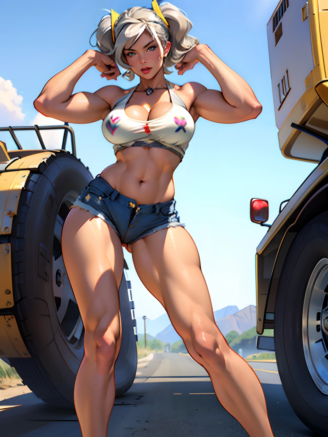 (high quality, best rendering), (beautiful girl), blue eyes, gray hair(bombshell, pin-up style), psychopath, crazy face, sexy pose, jean short shorts, tank top, pastel, centered, scale to fit dimensions, micro thong, micro bikini, camel toe