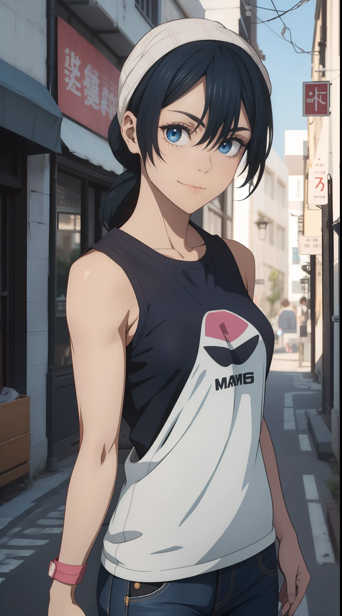 16 K, A hyper-realistic, hight resolution,  Best Quality, masutepiece, Half-body image, Beautiful girlfriend taking pictures in alley, Wearing a modern sleeveless pink t-shirt, Black jeans, goggles, Black ponytail, Bangs, happy chuckle, Blue eyes, Muscular lean body, Perfect Anatomy, Looking at the camera, during daytime, Blue sky, Anime style, Outdoors, Trending on ArtStation, wlop, sakimichan