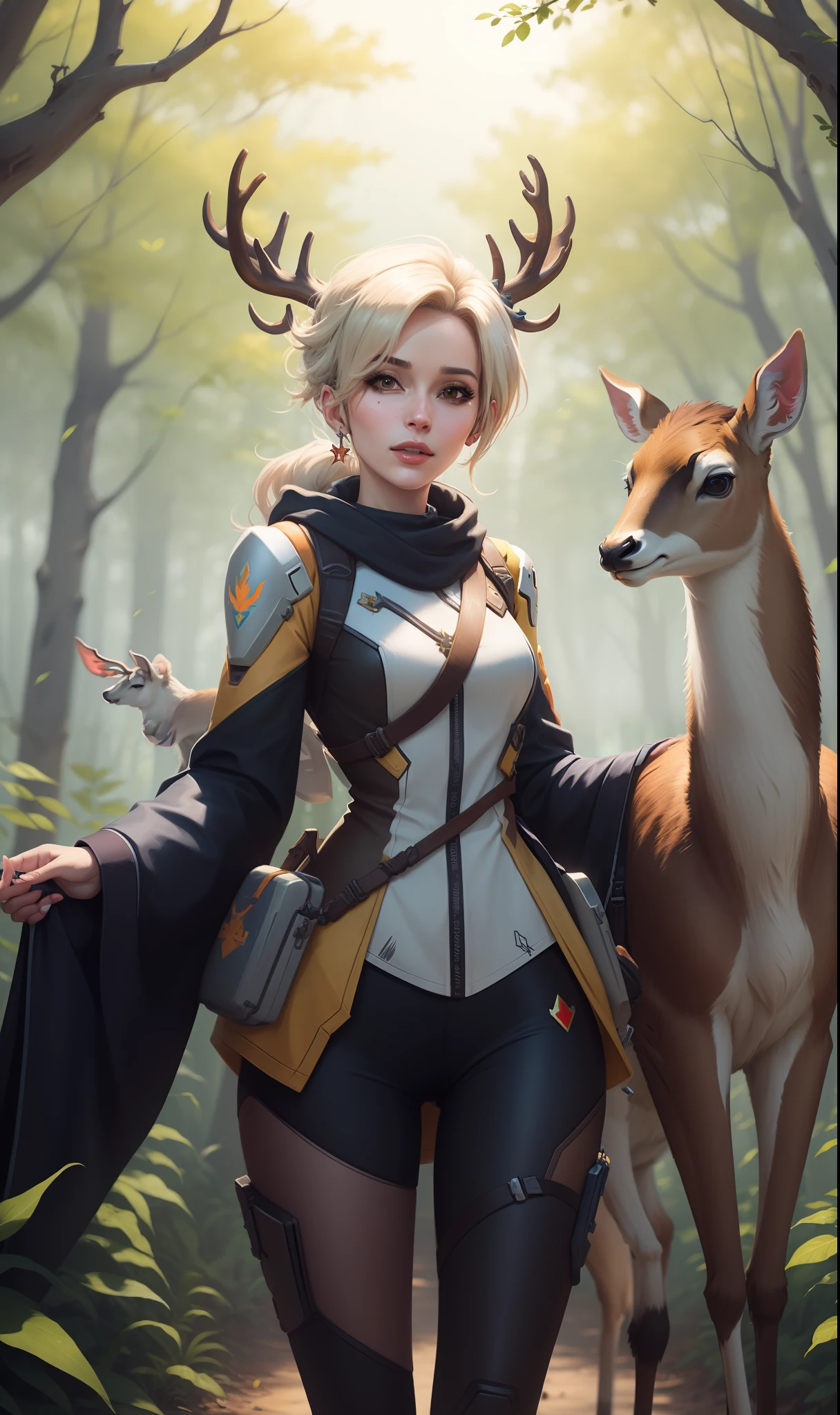 mercy from overwatch with the deer bambi in a forest