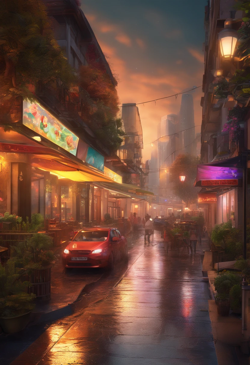 (best quality,4k,8k,highres,masterpiece:1.2),ultra-detailed,(realistic,photorealistic,photo-realistic:1.37),cityscape,night scene,glowing lights,reflection on wet pavement,misty atmosphere,dynamic city life,vibrant nightlife,dark shadows,neon signs,flickering street lamps,shimmering skyscrapers,colorful urban architecture,bustling streets and sidewalks,traffic flowing smoothly,pedestrians walking with purpose,raindrops falling gently,sparkling water droplets on leaves and surfaces,wet roads reflecting the city lights,impressive skyline,moonlit sky with scattered clouds,distant stars shining brightly,gentle breeze rustling through the trees,palm trees swaying in the wind,cozy cafes with warm lights pouring out onto the streets,lively restaurants with people enjoying their meals,artists sketching the scene,street performers entertaining passersby,romantic couples walking hand in hand,taxis and cars navigating the busy streets,hustle and bustle of the night,quiet corners hidden from the crowds,stairs leading to unknown destinations,a sense of mystery and excitement in the air.