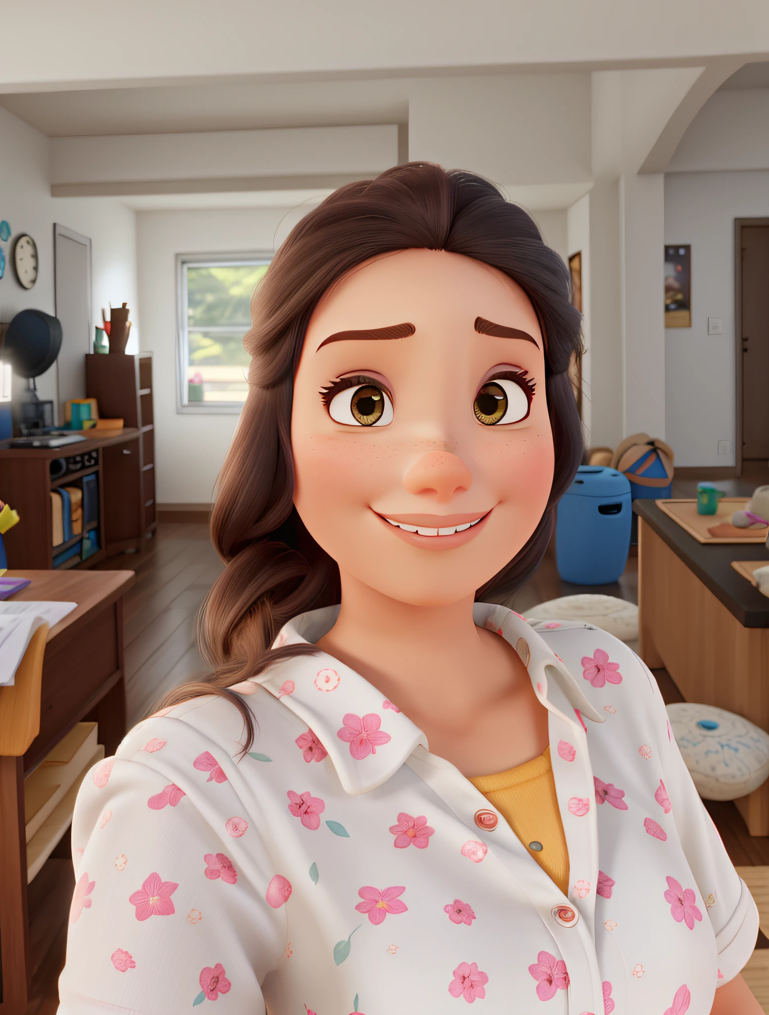 A close up of a cartoon character in a room with a desk - SeaArt AI