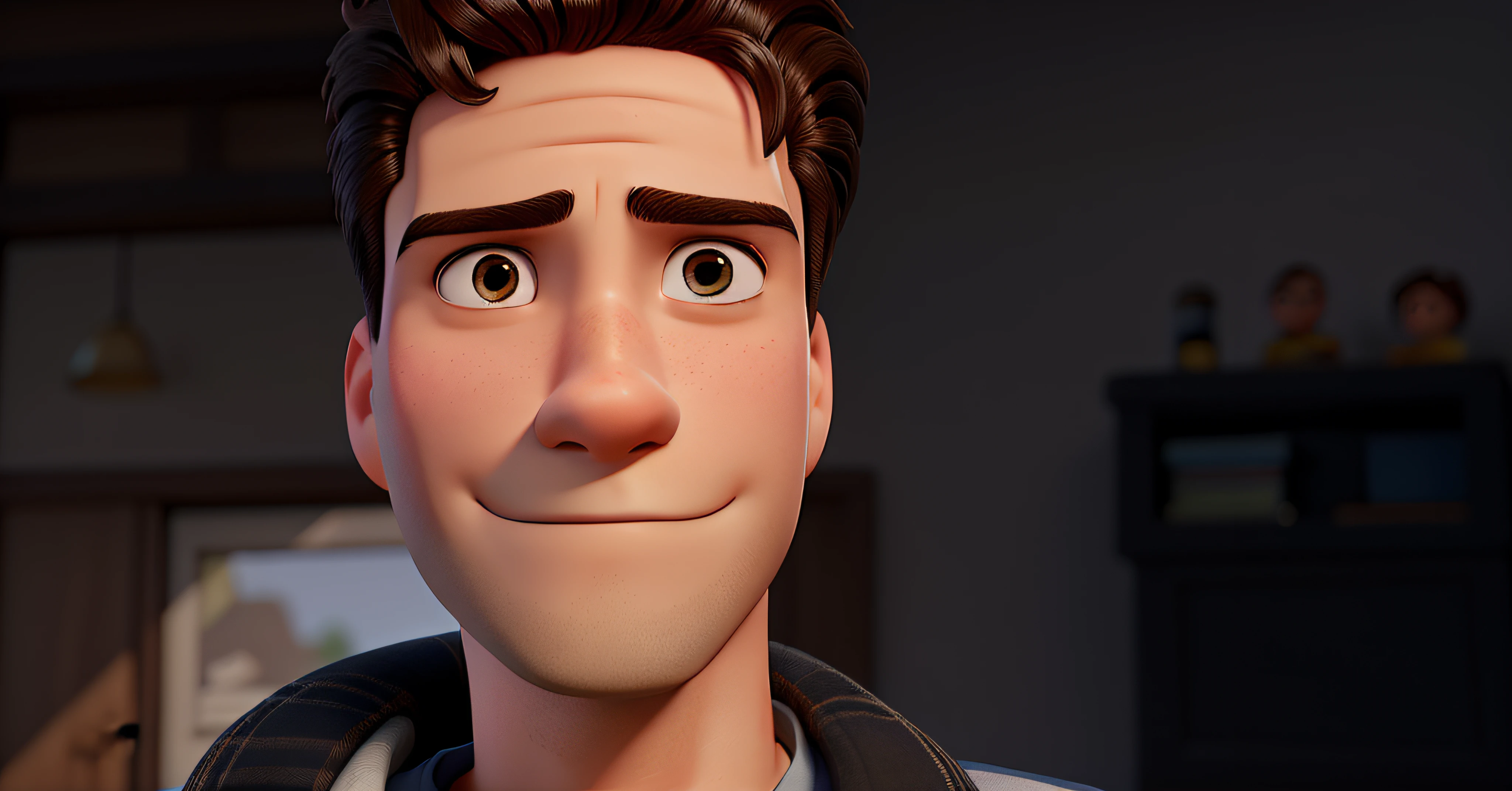 Crie uma imagem no estilo "Disney Pixar". The main character is a handsome young 24-year-old male, rosto para frente, de pele branca, olhos castanhos, cabelos castanhos, Possesses a shy smile, olhando para a direita, Shaved hair on the sides and medium hair on the top of the head.
