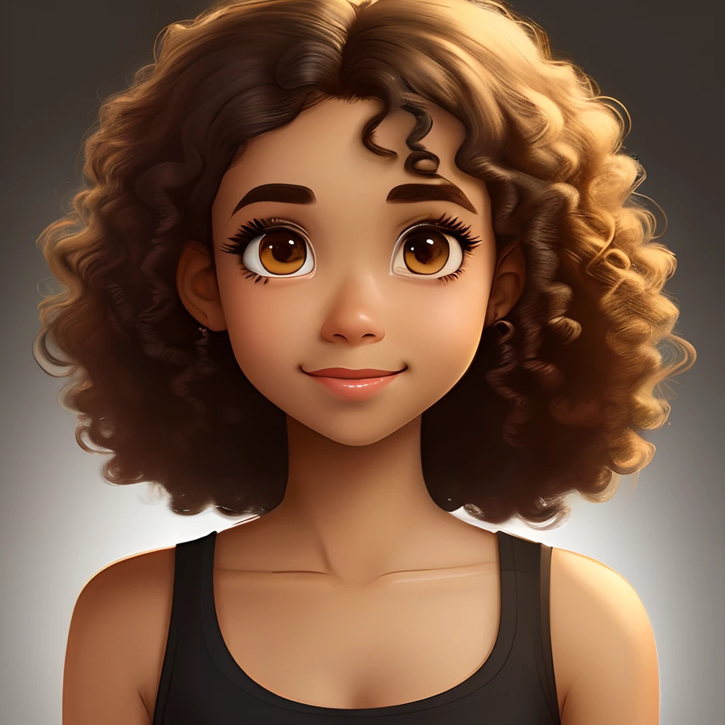 Woman brown skin curly hair brown color brown eyes small fleshy mouth big eyelashes pixar style