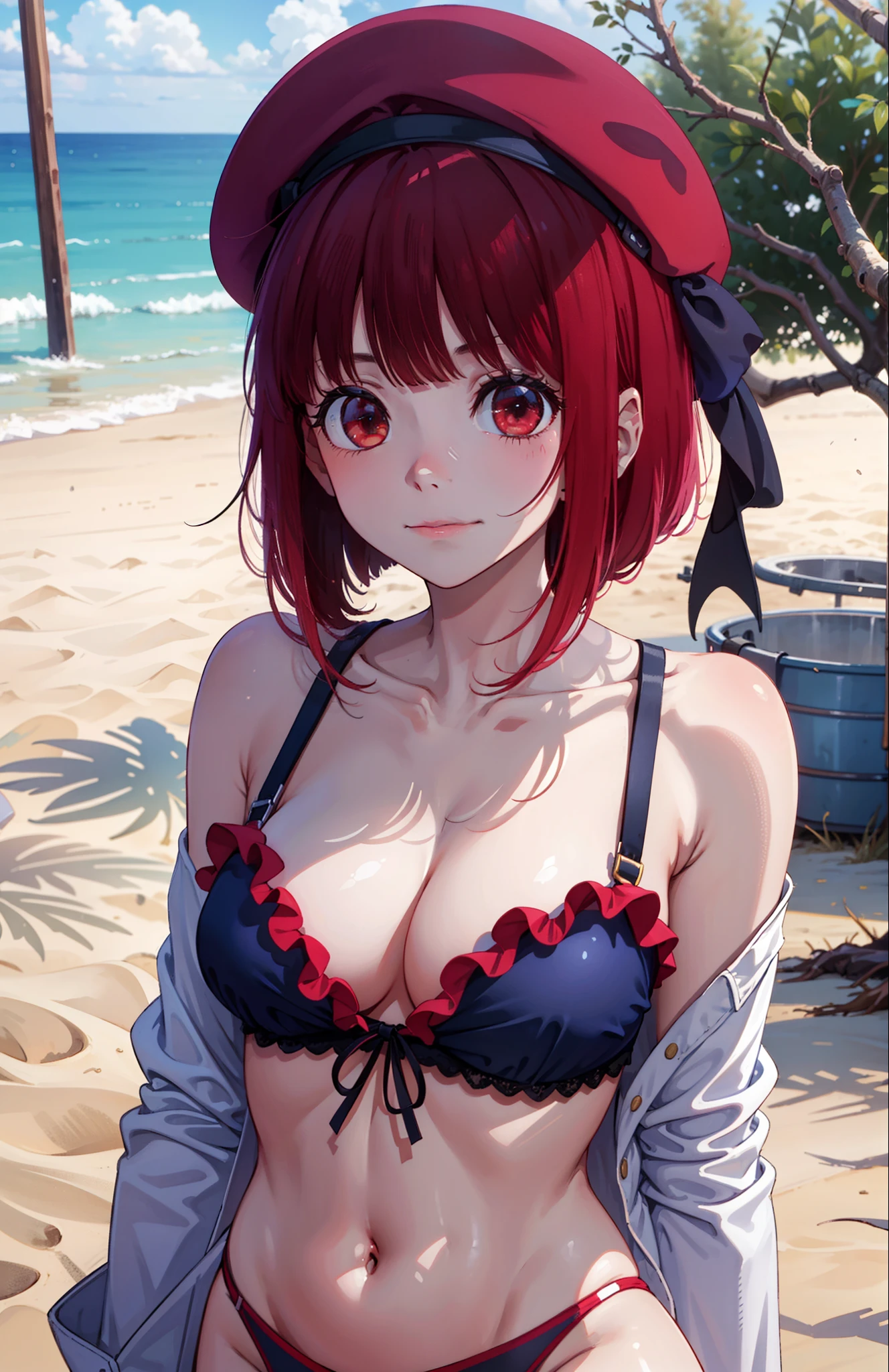 1girl, Arima Kana, hat, blue headwear, beret, blunt bangs, bikini, beach,, (masterpiece:1.2), highres, best quality, 8k,
