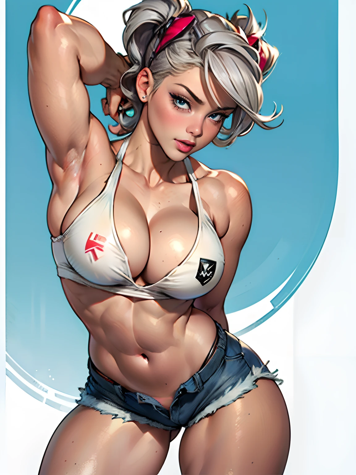 (high quality, best rendering), (beautiful girl), blue eyes, gray hair(bombshell, pin-up style), psychopath, crazy face, sexy pose, jean short shorts, tank top, pastel, centered, scale to fit dimensions, micro thong, micro bikini, camel toe