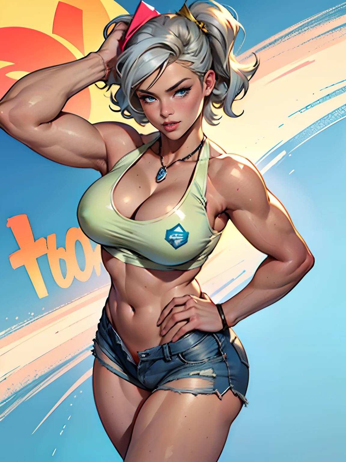 (high quality, best rendering), (beautiful girl), blue eyes, gray hair(bombshell, pin-up style), psychopath, crazy face, sexy pose, jean short shorts, tank top, pastel, centered, scale to fit dimensions, micro thong, micro bikini, camel toe