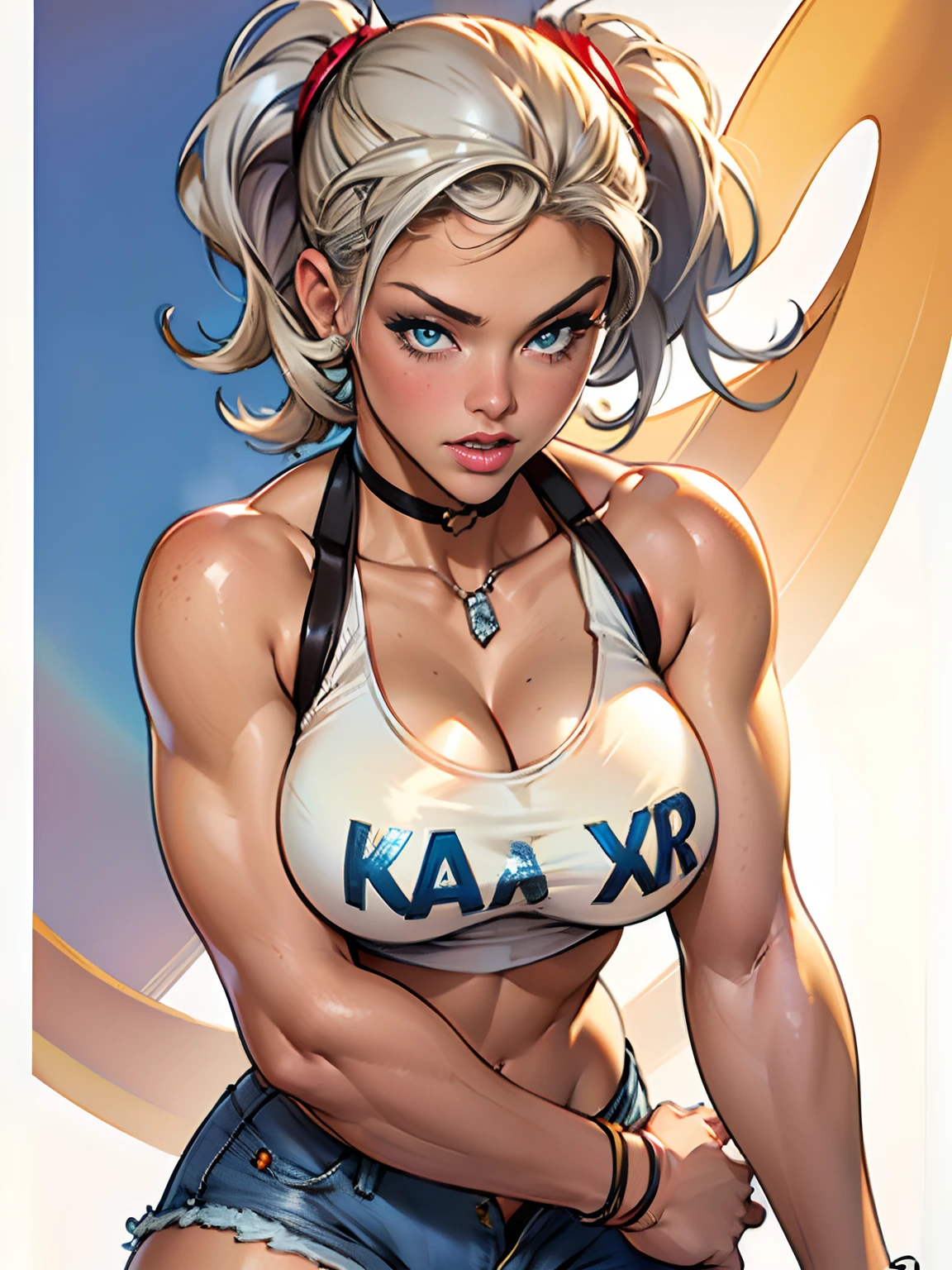 (high quality, best rendering), (beautiful girl), blue eyes, gray hair(bombshell, pin-up style), psychopath, crazy face, sexy pose, jean short shorts, tank top, pastel, centered, scale to fit dimensions, micro thong, micro bikini, camel toe