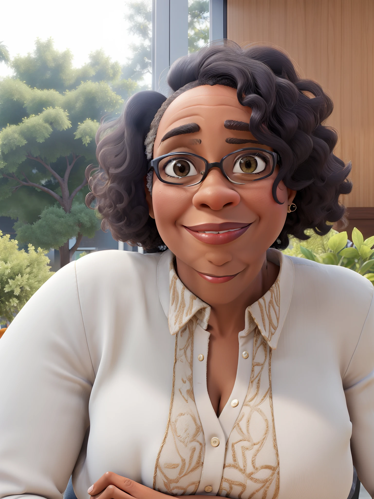 masterpiece, best quality ,Portrait of mid adult successful black mature woman looking at camera with arms crossed. Smiling african american business woman standing in new office .Portrait of mature woman.