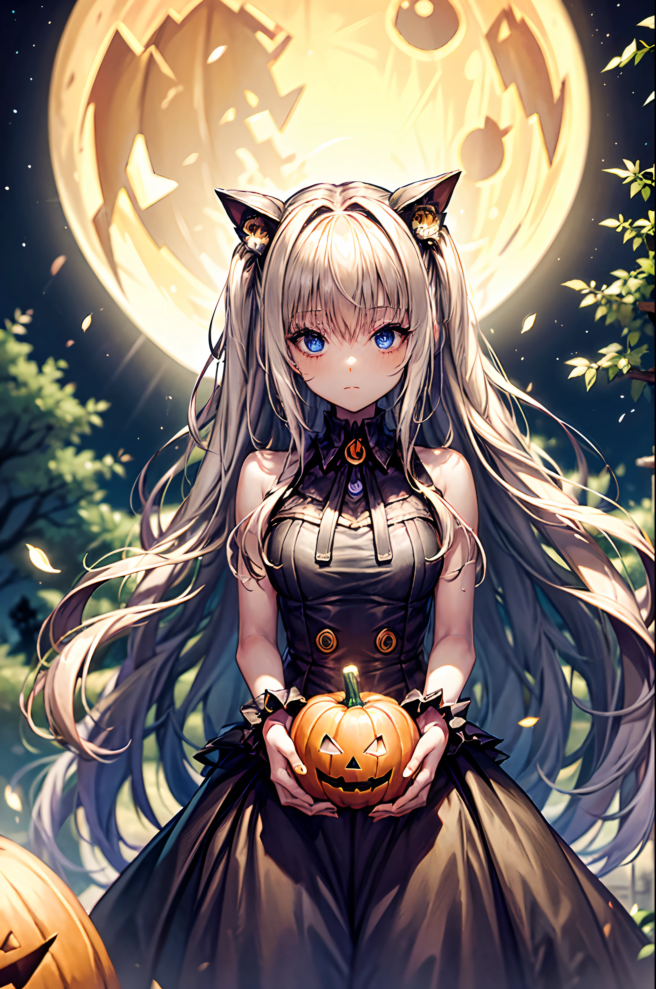 dark forest, 
the night, 
Halloween, 
Pumpkin, 
Vampire Girl, 
Gothic dress, 
Red Moon