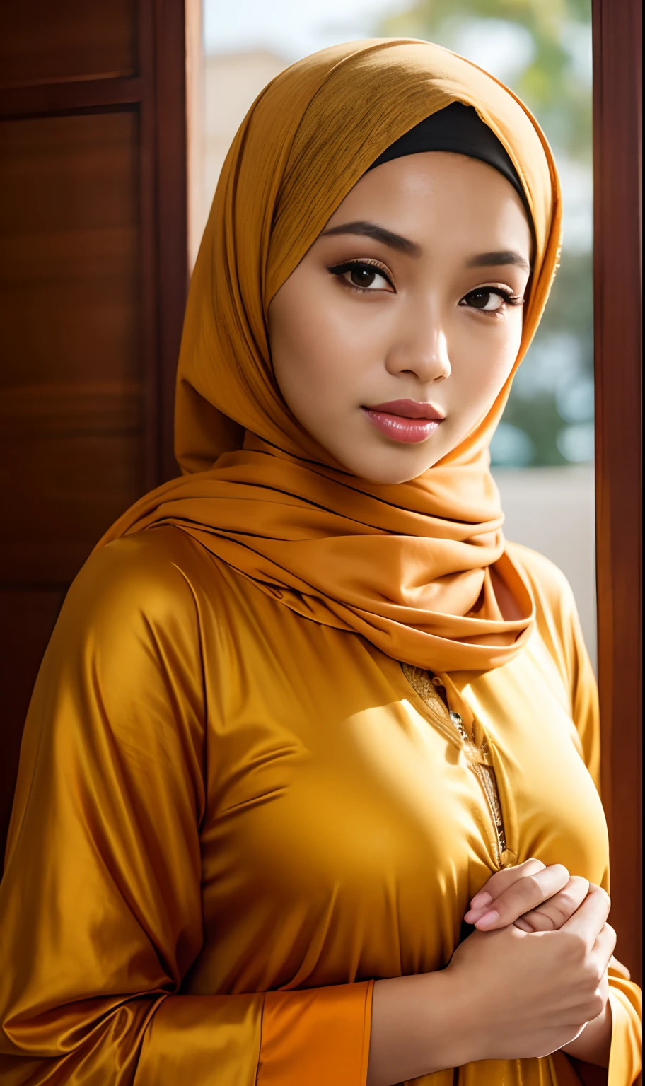 (((HIJAB MALAY GIRL))), masutepiece, High quality, UHD 32K, Realistic face, Realistic skin feeling , A Japanese Lady, 8 , , Very cute and baby-like face, (((FLAT CHEST))), (MATRIX WORLD), ((look In front at the camera and SADNESS)), ((())), (((CUTE GIRL))), ((TRANSPARENT)), ((BLACK LIPS)), ((YELLOW LACE)), ((TRANSPARENT)), ((CHUBBY)), (undress, SNEAKERS,