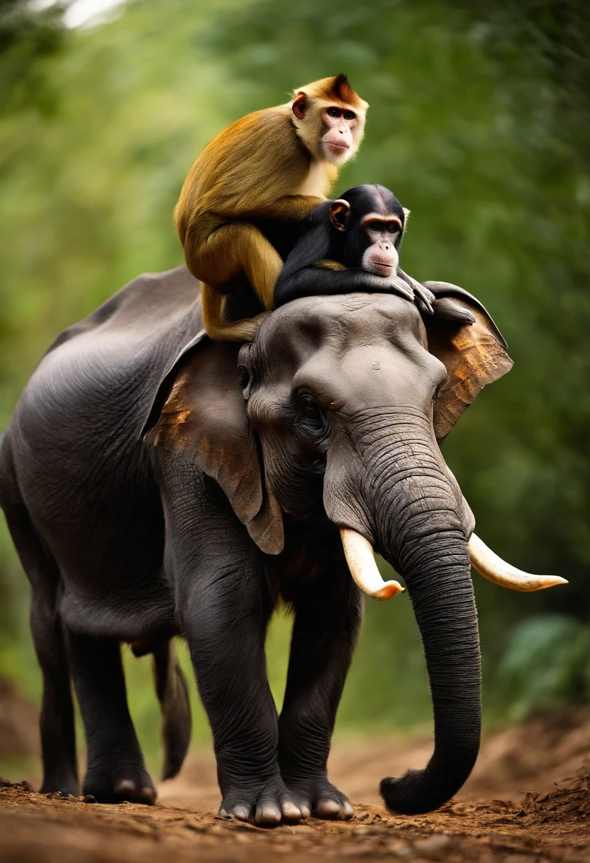 A monkey that's on the back of a turtle that's on the back of a big, imposing cow that's on the head of an elephant