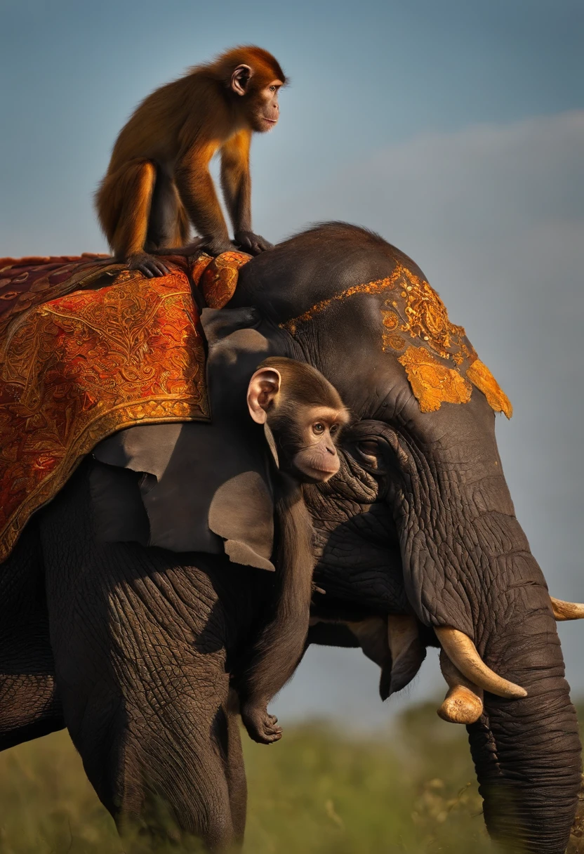 A monkey that's on the back of a turtle that's on the back of a big, imposing cow that's on the head of an elephant