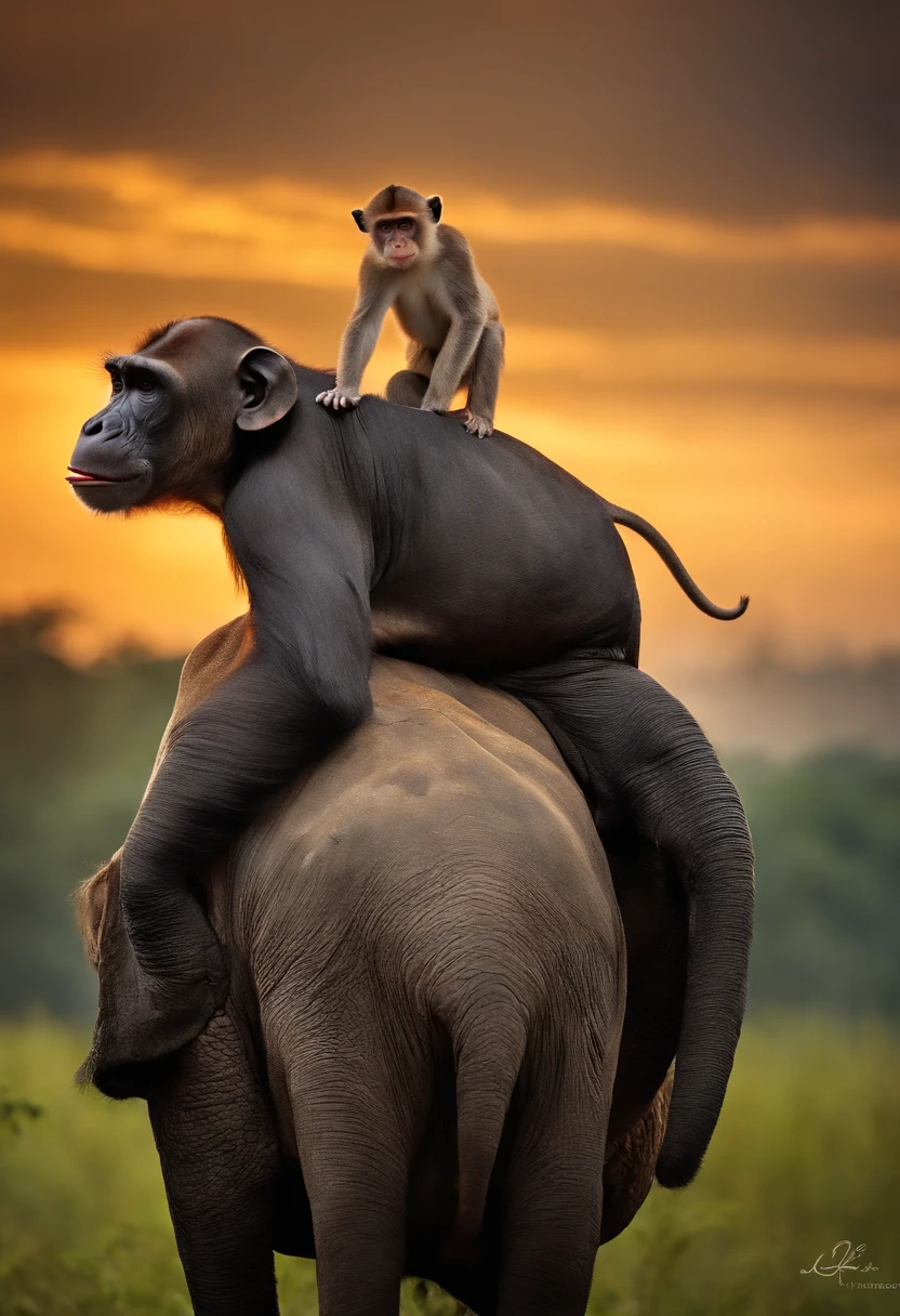 A monkey that's on the back of a turtle that's on the back of a big, imposing cow that's on the head of an elephant