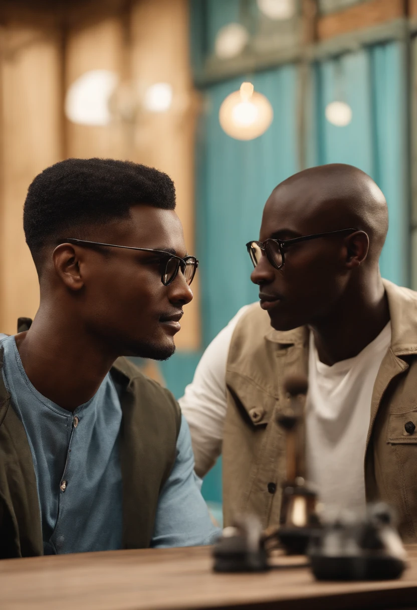 a dark-skinned man with square glasses with buzz-cut hair shaved on the side and low hair on top of his head, the other very skinny dark-skinned man with straightened and shaved hair on the side with a straight topknot, with a wooden table with pod cast structure with 2 microphones on the arm-style stand on the table, black curtain behind, all characters wearing light blue short denim shirts, very open image viewing the scene