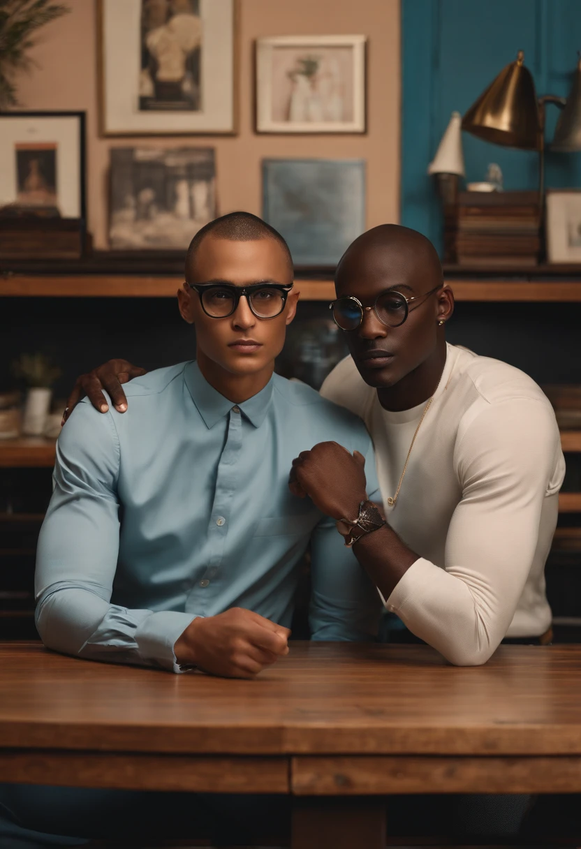 a dark-skinned man with square glasses with buzz-cut hair shaved on the side and low hair on top of his head, the other very skinny dark-skinned man with straightened and shaved hair on the side with a straight topknot, with a wooden table with pod cast structure with 2 microphones on the arm-style stand on the table, black curtain behind, all characters wearing light blue short denim shirts, very open image viewing the scene