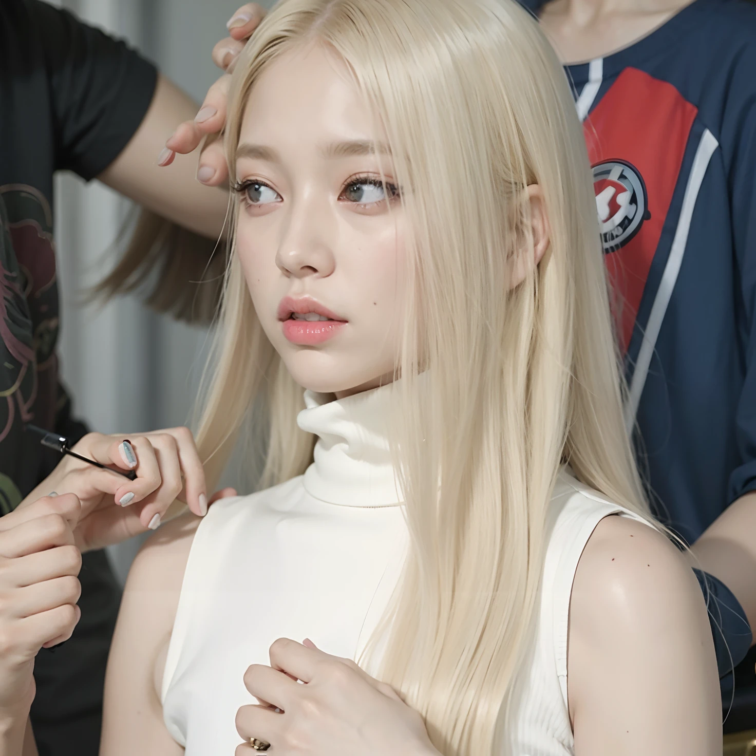 Blonde woman with long hair combing her hair by a stylist, Su cabello es blanco, cabello rubio muy, very pale, extremely pale blond hair, pale hair, Jaeyeon Nam, Parque Roseanne de Blackpink, Jossi de Blackpink, Jinyoung Shin, con el pelo largo y blanco, Cabello albino, con pelo largo blanco, Retrato de Jossi de Blackpink