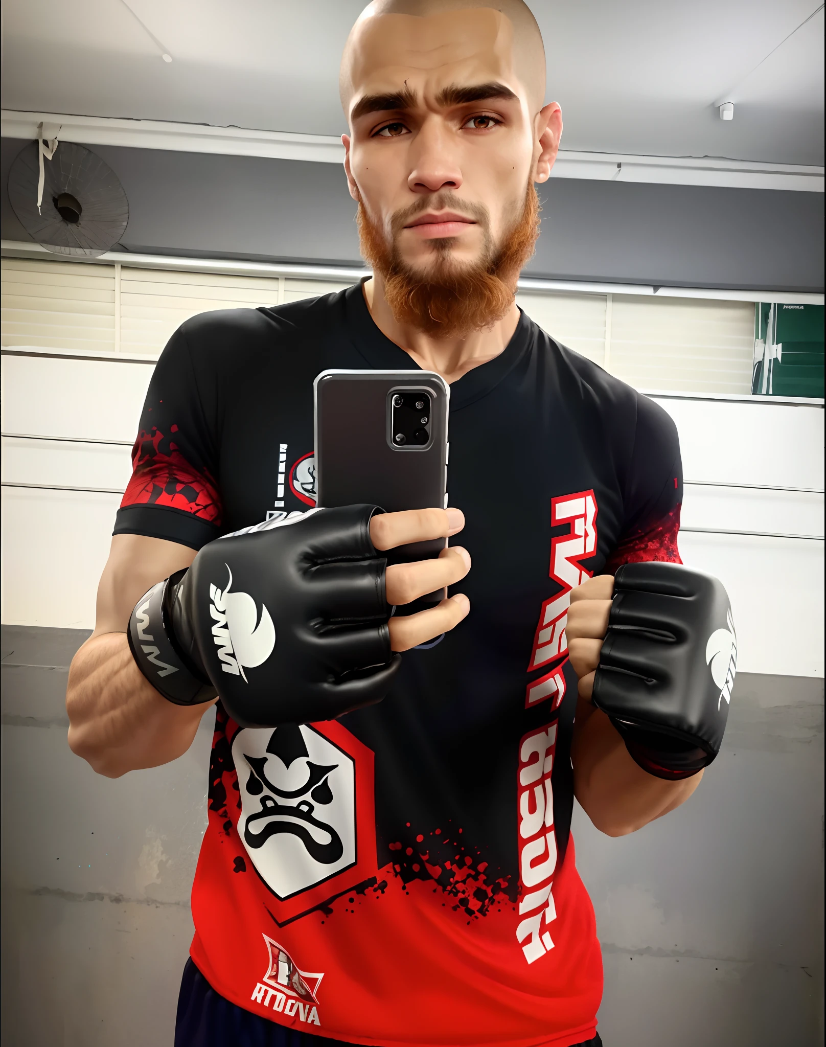 There's a man who's got a cell phone in his hands, Postura do MMA Southpaw, hand wrappings, posando pronto para uma luta, Pose de postura heroica de Muay Thai, Khabib, Corpo de Ernest Khalimov, usando luvas de boxe vibrantes, pronto para o combate, Pose de lutador, pronto para lutar, postura de luta, MMA, Preparando-se para lutar, luvas de boxe