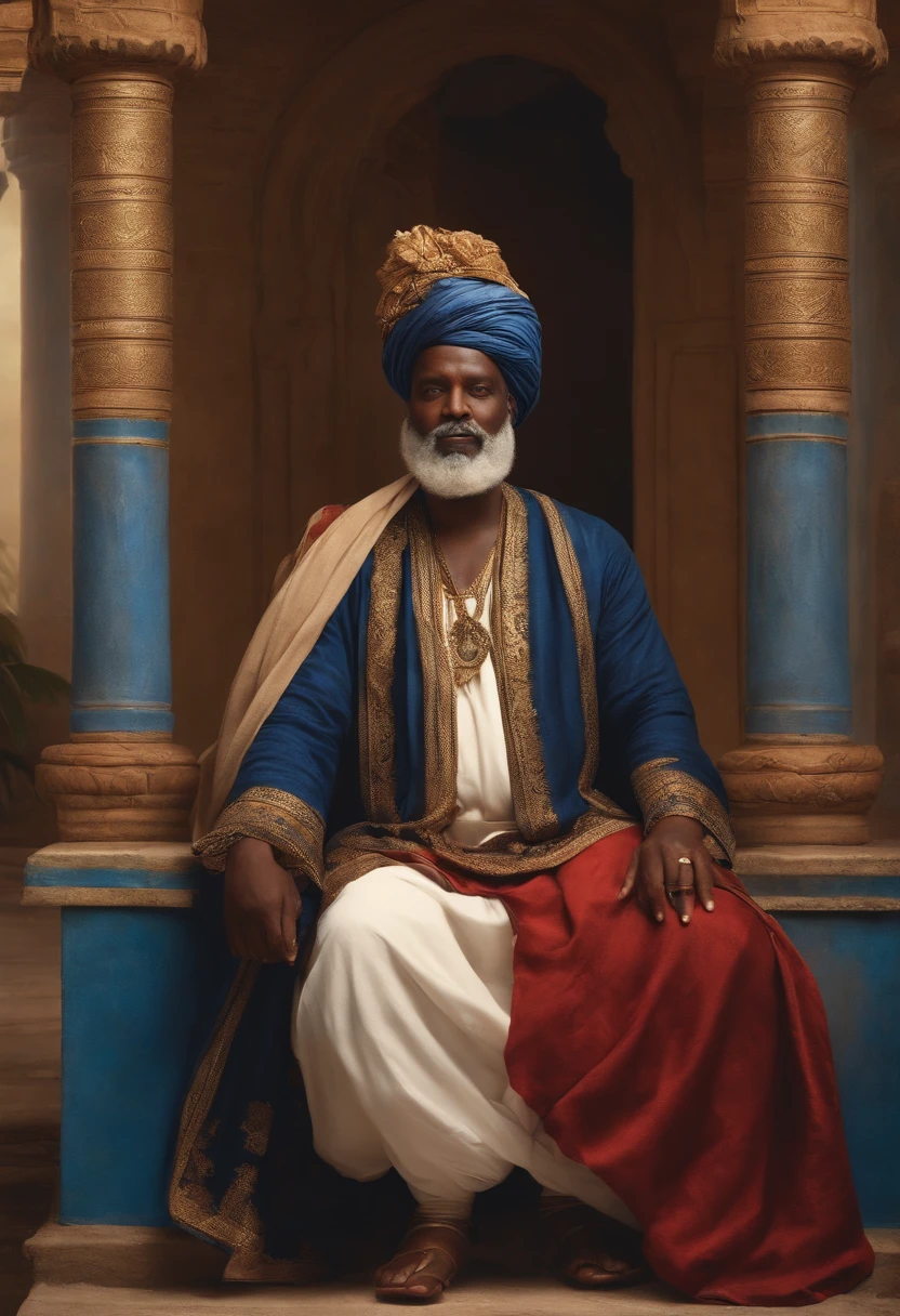 A realistic scene of an elderly, overweight, Black man seated on an Arabian throne. He has a white beard and is adorned with a large, blue turban matching his oversized blue tunic, which drapes over a red shirt visible at the chest. Surrounding him, there's an open-air corridor with elegant columns, with a wall behind him. Several people on both sides are holding coconut palm leaves to fan him, and he's waving with his right hand while wearing a warm smile.