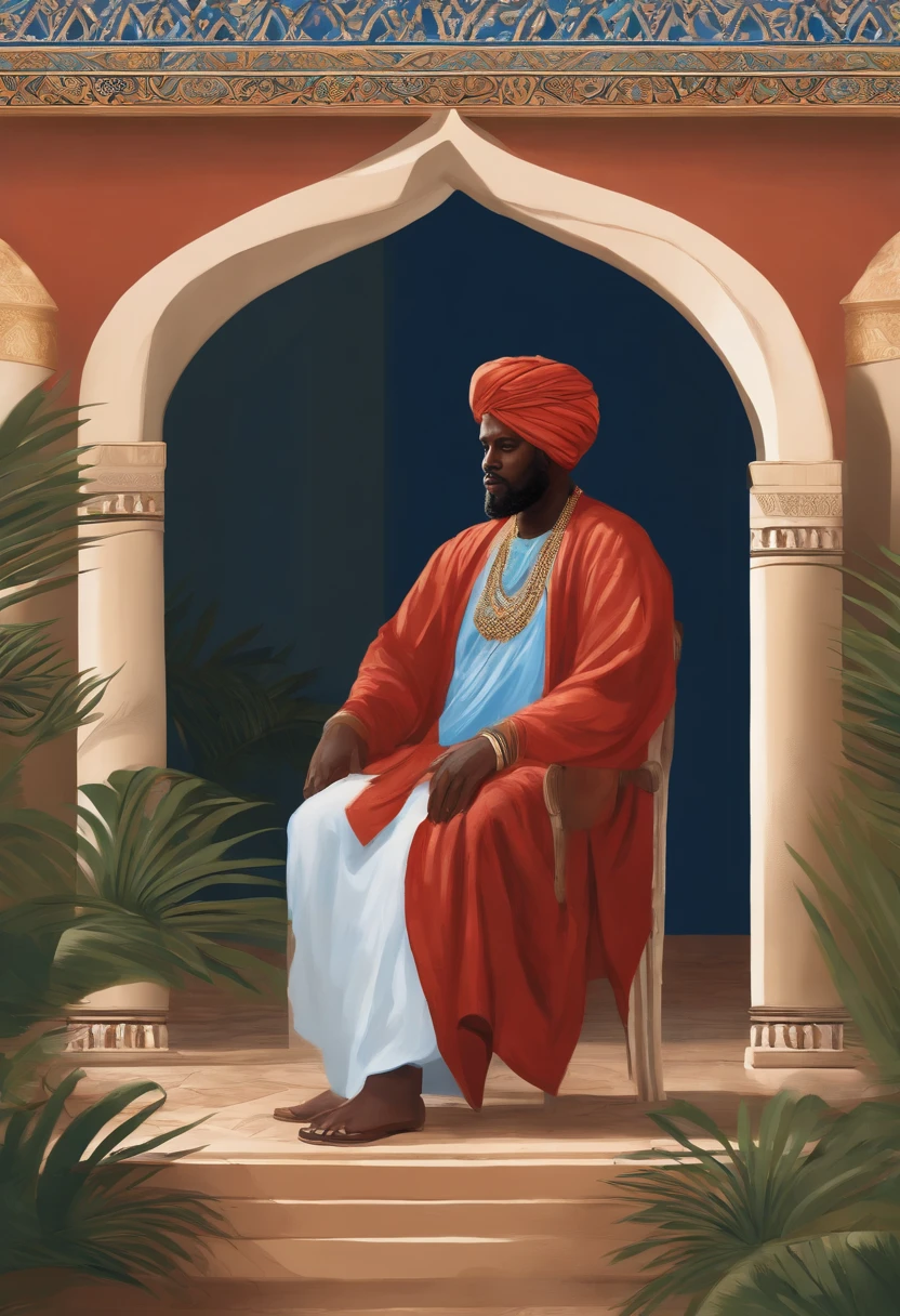 A realistic scene of an elderly, overweight, Black man seated on an Arabian throne. He has a white beard and is adorned with a large, blue turban matching his oversized blue tunic, which drapes over a red shirt visible at the chest. Surrounding him, there's an open-air corridor with elegant columns, with a wall behind him. Several people on both sides are holding coconut palm leaves to fan him, and he's waving with his right hand while wearing a warm smile.