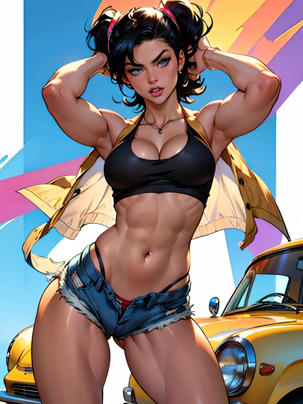 (high quality, best rendering), (beautiful girl), Blue Eyes, black hair(bombshell, pin-up style), psychopath, crazy face, sexy pose, jean short shorts, tank top, pastel, centered, scale to fit dimensions, micro thong, micro bikini, camel toe