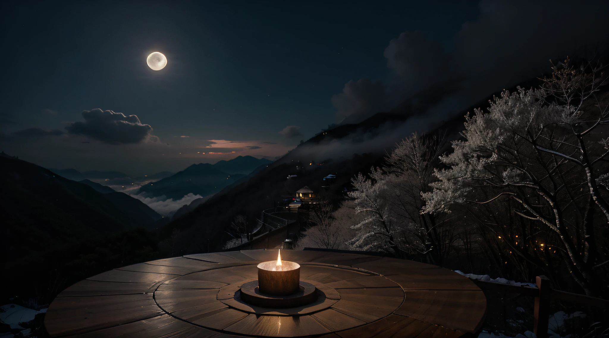 In the mountain of Korea, there is a winding road and a meditation table is placed at the end of the road. There is a lit candle on the table. The moon hangs above the trees and a thick fog blooms throughout the space.